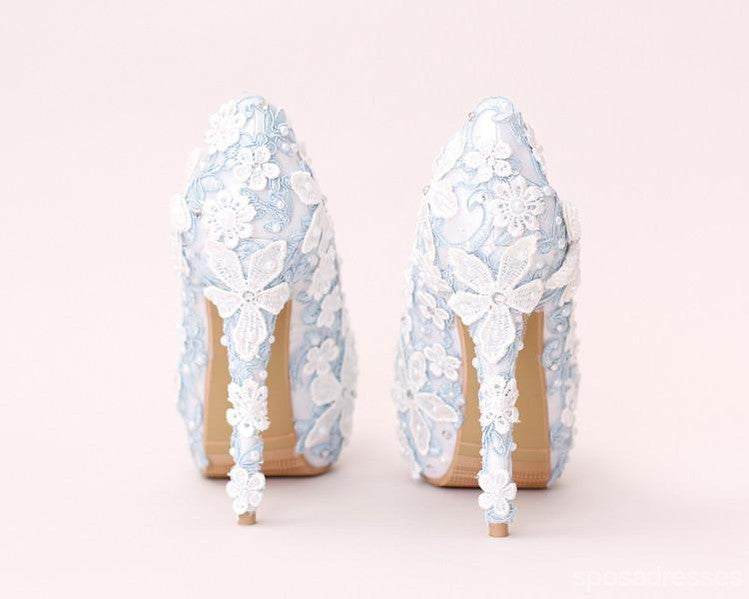 Handmade Blue Lace Crystal Wedding Shoes for Women - Round Toe High Heels (Style S0040) | Perfect for Bridal Ceremonies, Prom Nights & Formal Events