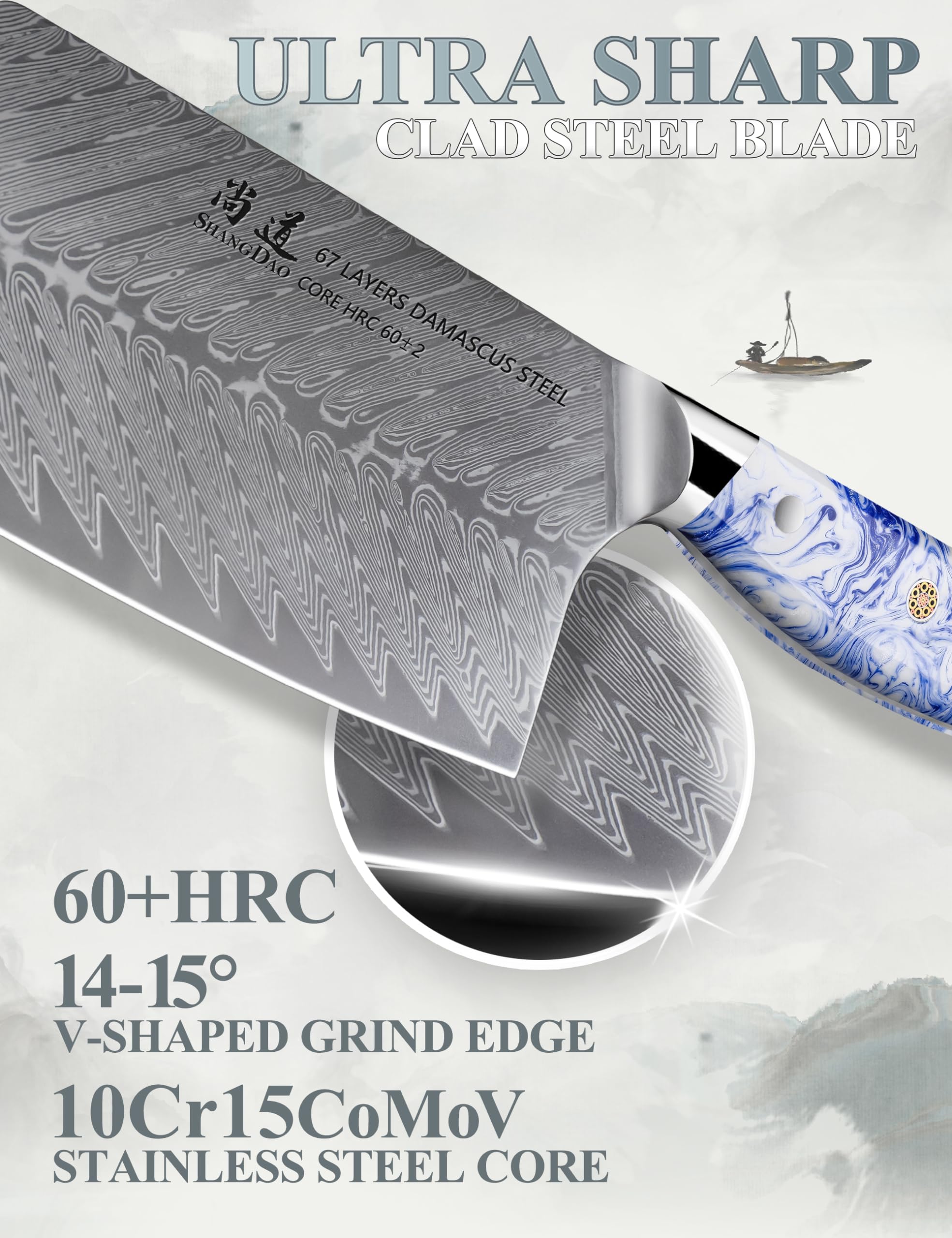 7 Inch Chinese Chef Knife - Professional Damascus Steel Cleaver for Chopping Vegetables & Meat - Forged Blue & White Resin Handle with Full Tang - Perfect for Home Kitchen, Restaurant & Butcher Use - HUA Series