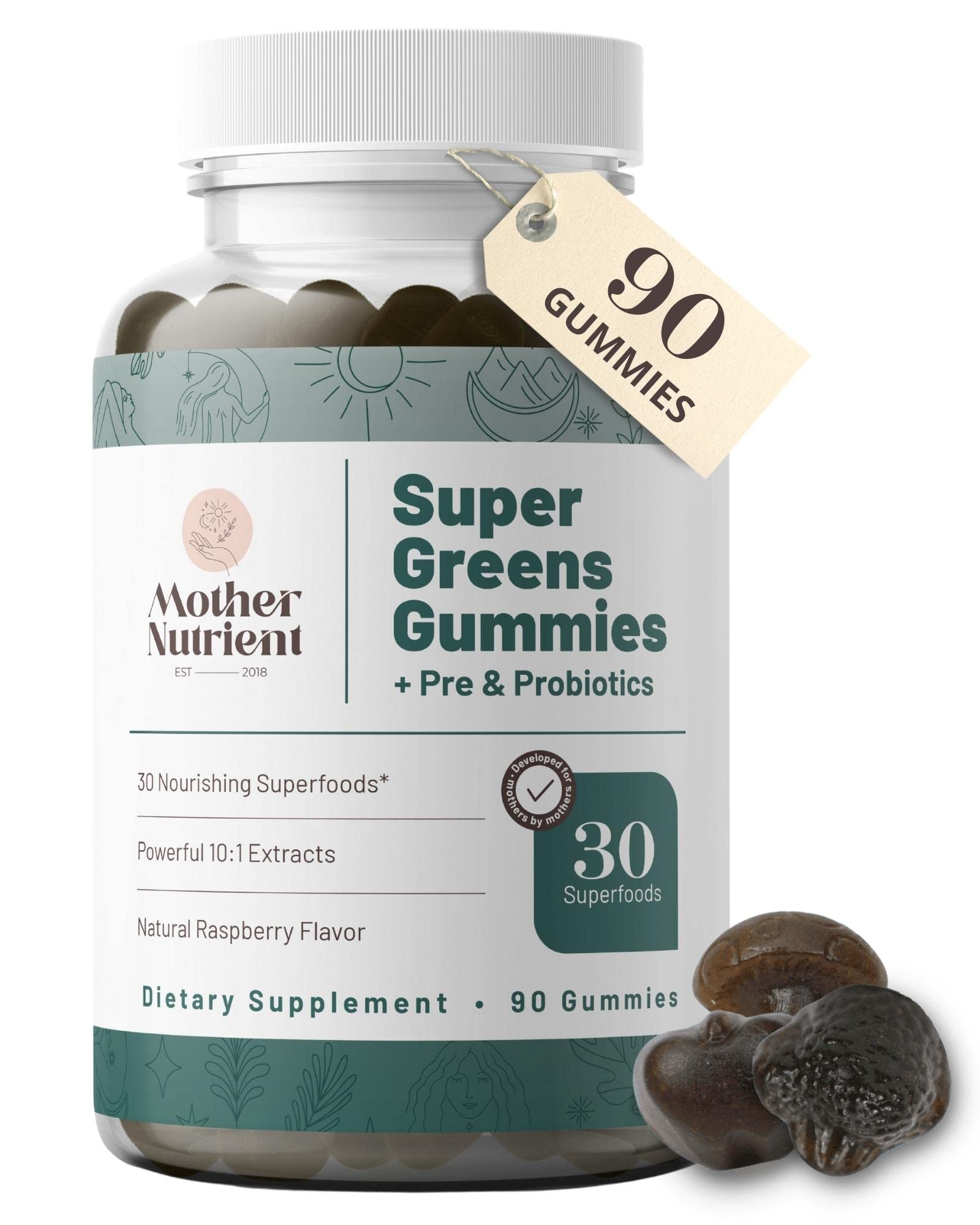 Super Greens Gummies for Women & Adults - 30 Powerful Greens Superfoods with Prebiotics & Probiotics - Multivitamin Veggie Chewables (90 Gummies) - Boost Energy & Digestion for Busy Lifestyles