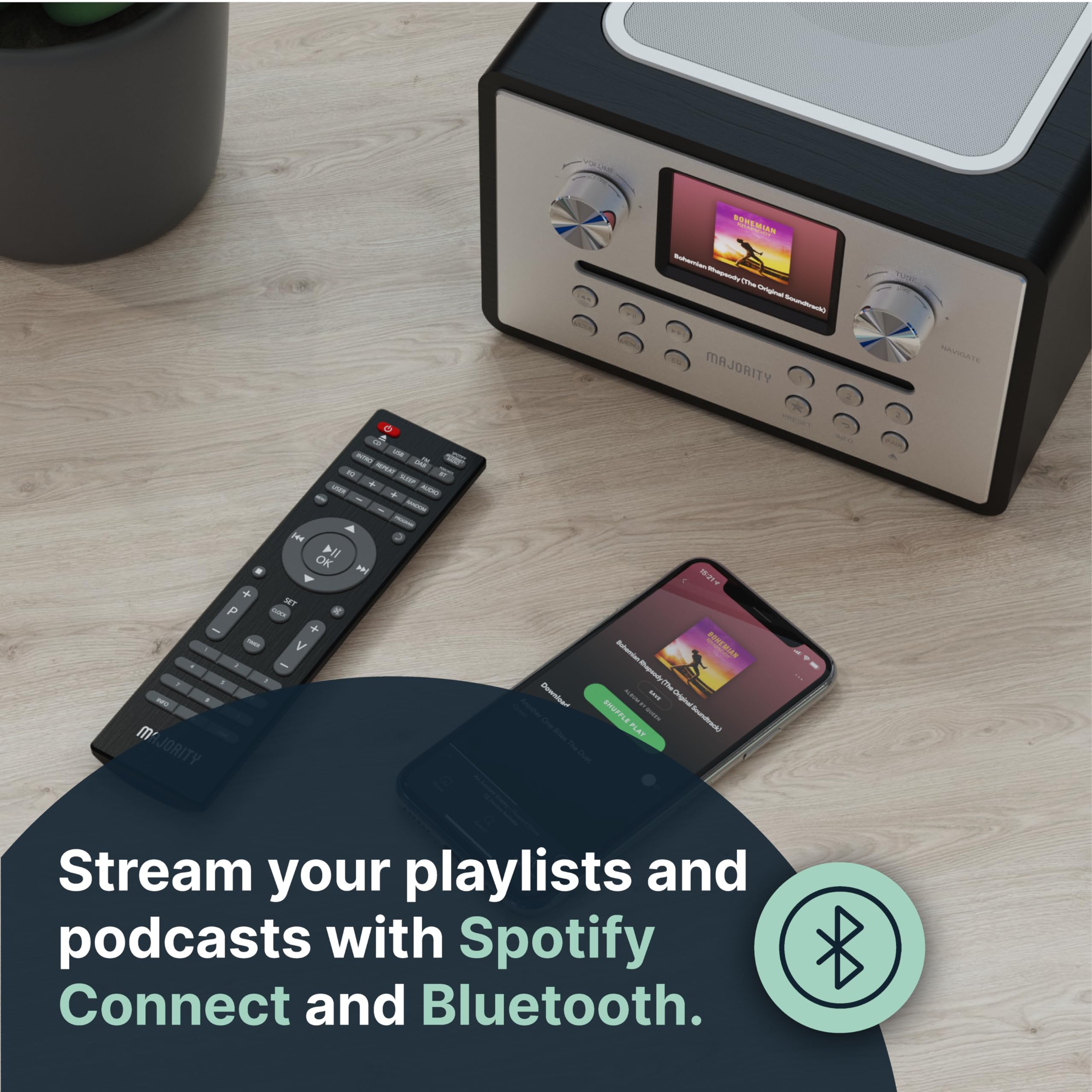 Majority Homerton Internet Radio CD Player with DAB+/FM, Bluetooth & Spotify Connect - Digital Alarm Clock with 90 Presets, Custom EQ & LED Display - Perfect for Bedroom, Kitchen & Office Use