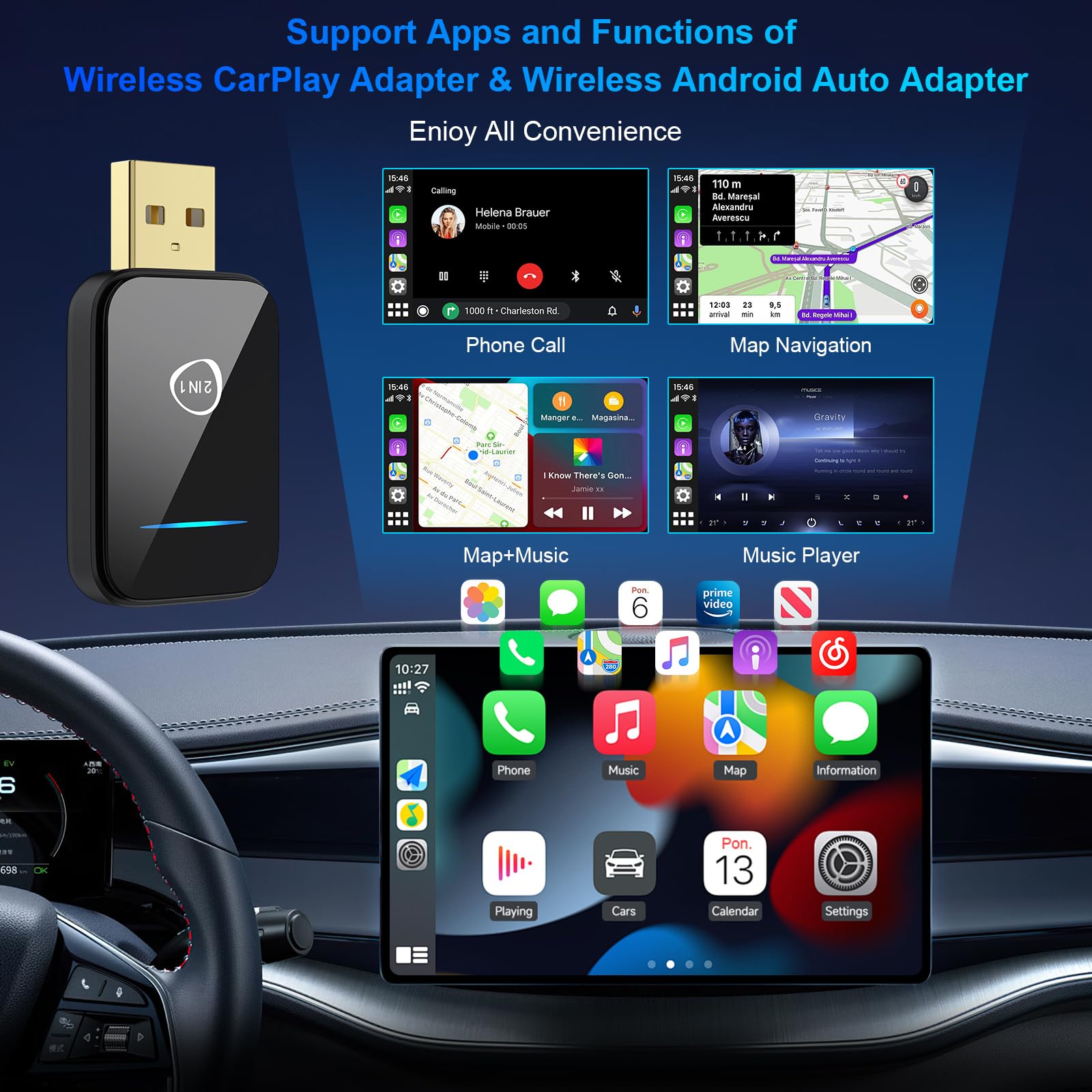 2025 Wireless CarPlay Adapter & Android Auto Dongle - Convert Wired to Wireless for iPhone & Android - Compatible with Factory OEM CarPlay Cars 2016+ - Auto Connect - Perfect for Commuting, Road Trips & Hands-Free Driving