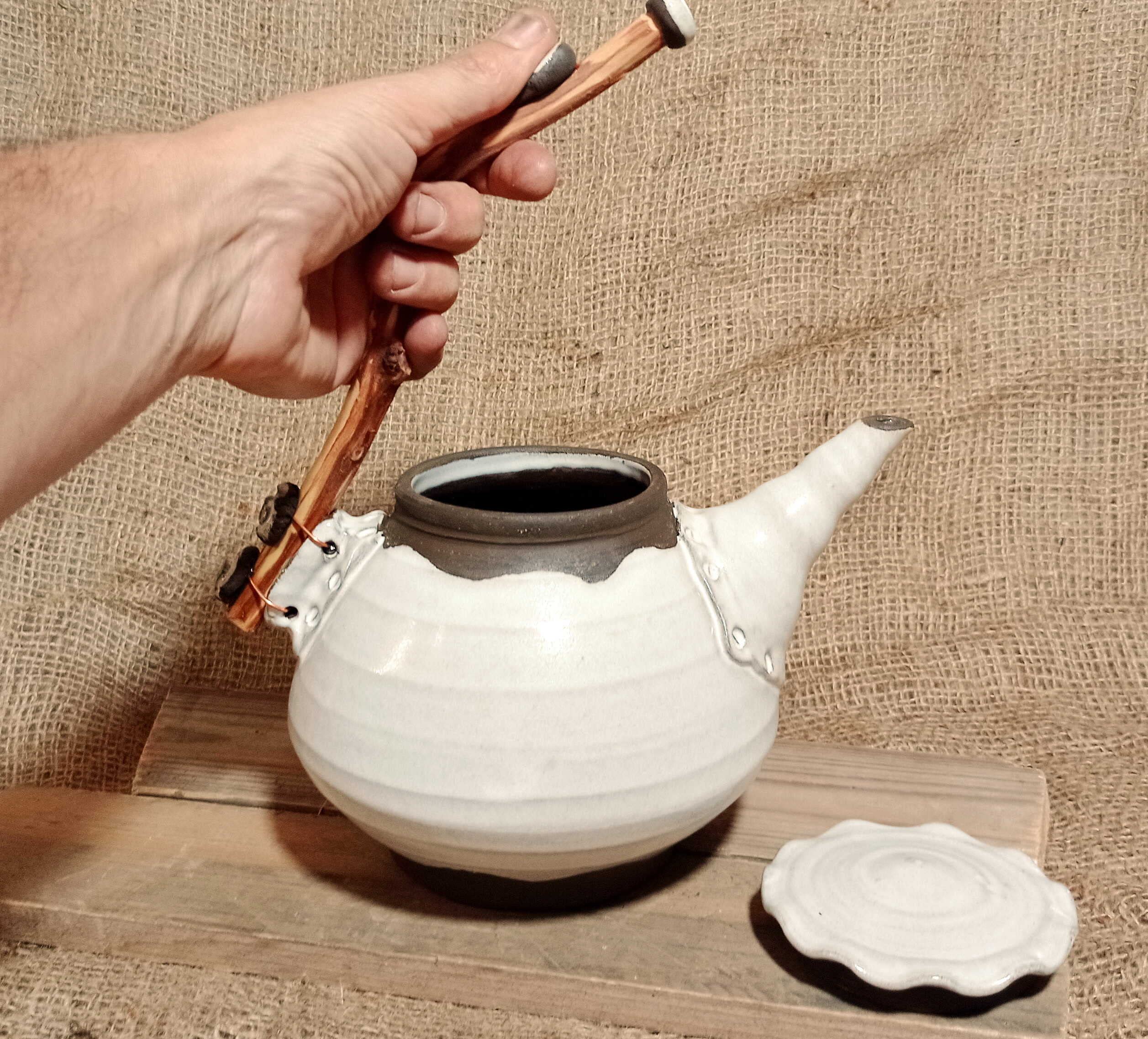 Handmade 60 Oz Black Clay Teapot with Natural Wood Handle - Unique Wheel-Thrown Cream Kitchenware - Perfect Gift for Mom, Tea Lovers & Home Decor