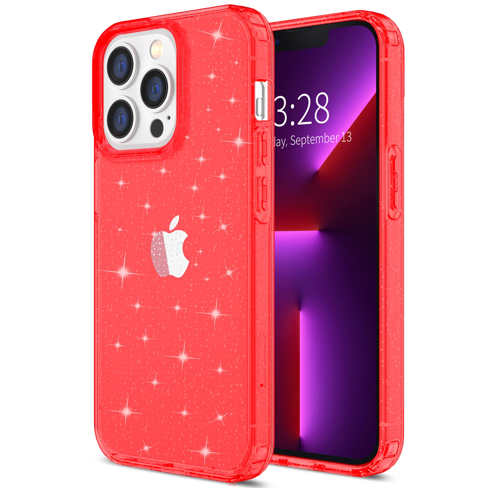 Hython Glitter Case for iPhone 13 Pro - Sparkly Clear Bling Shockproof Cover with Anti-Scratch Hard PC & Soft TPU Edge - Cute Protective Phone Case for Women & Girls (Red Glitter) - Perfect for Parties, Daily Use & Gift Giving