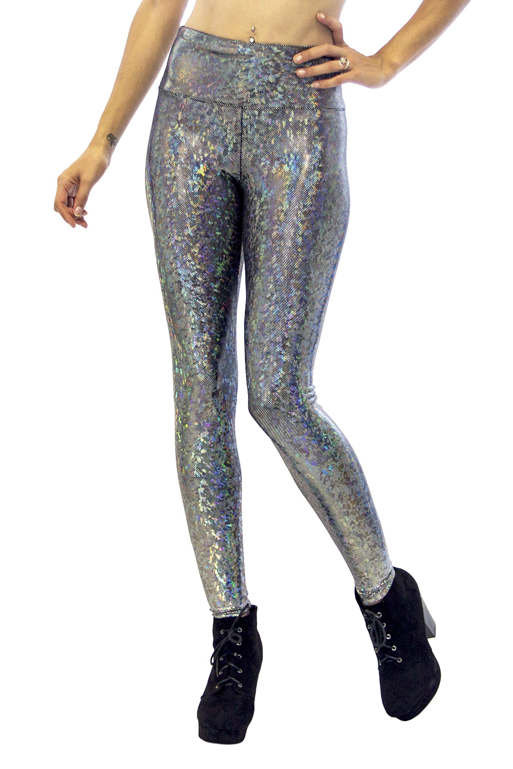 Women's Holographic Leggings - Iridescent Disco Yoga Pants with High Waist & Stretchy Fabric | Trendy Festival Outfit for Raves, Concerts & Dance Parties | Made in USA