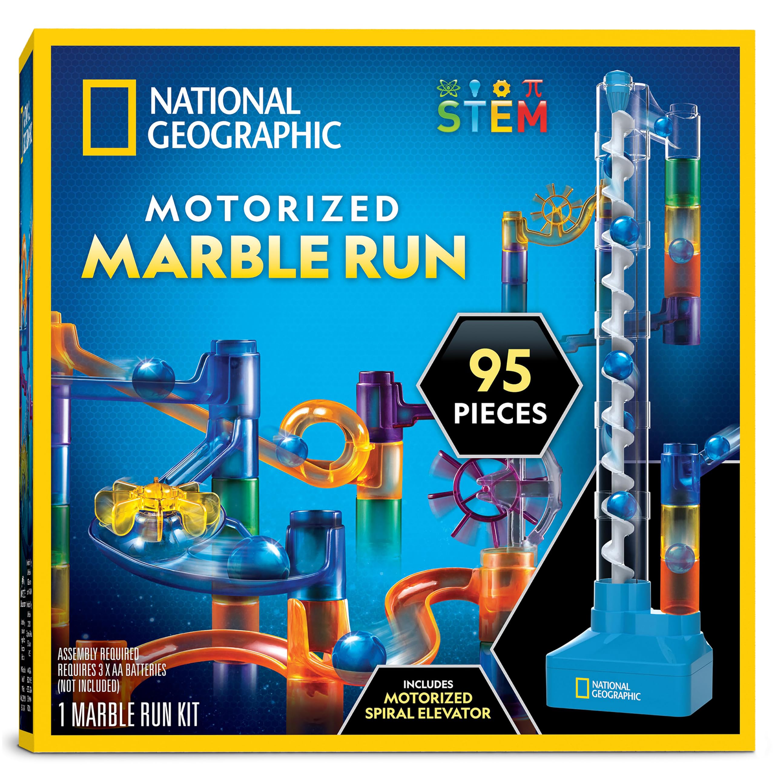 National Geographic Marble Run STEM Toy - 95-Piece Motorized Marble Maze with Spiral Elevator, 20 Glass Marbles & Perpetual Motion Machine | Educational Physics Building Kit for Kids | Perfect STEM Gift for Boys & Girls | Classroom Science Activity & Family Game Night Fun