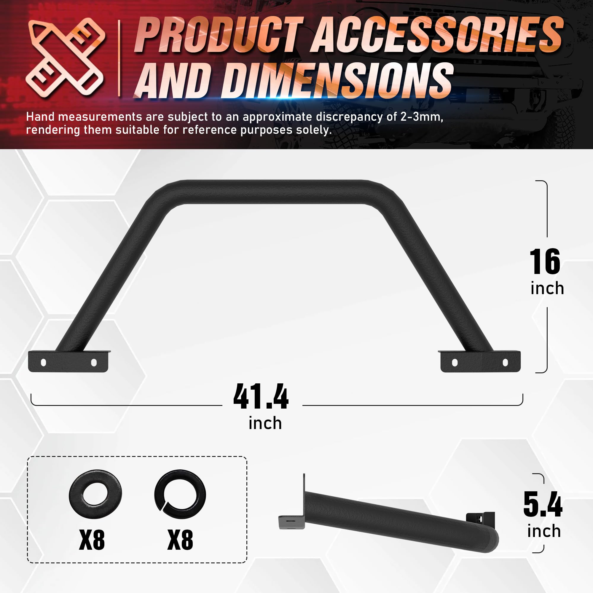 Heavy Duty Bull Bar Grille Guard with LED Light Mount for 2021-2024 Ford Bronco 2/4 Door | Compatible with Modular Steel Front Bumper | Off-Road Bumper Rack Push Bar | Black Powder Coated | Perfect for Rock Crawling & Trail Adventures