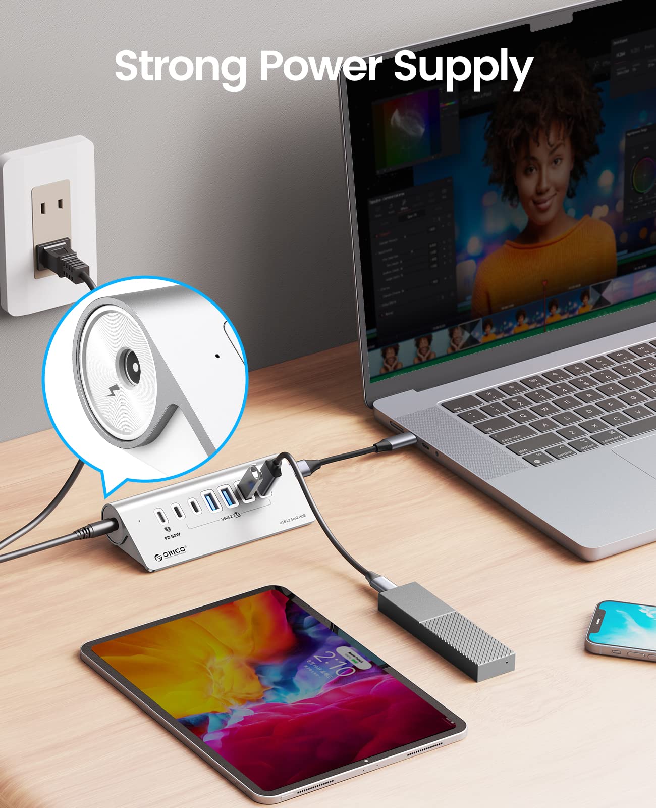 ORICO 7-Port USB 3.2 Gen 2 Hub with 60W PD Charging - 10Gbps High-Speed Data Transfer, 24V 3A Power Adapter, 1.64ft USB C to C Cable & USB-A Adapter - Aluminum USB Hub for Laptop, PC, MacBook Pro/Air, Gaming Setup & Home Office Workstation