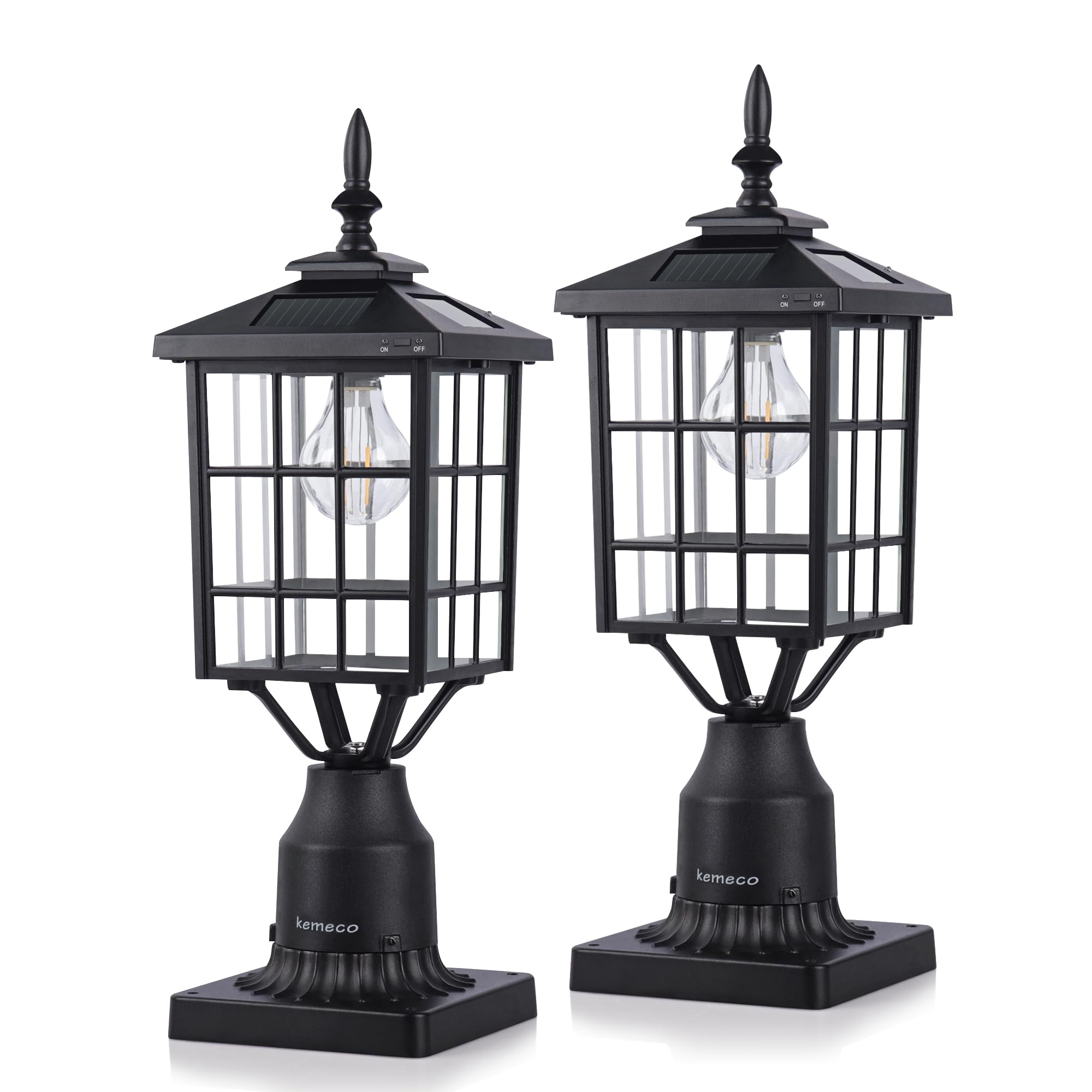 Kemeco 2 Pack Outdoor Solar Post Lights with Pier Mount Base - ST4224Q Black Cast Aluminum Waterproof LED Lamp for Yard, Garden, Pathway (Warm White) | Perfect for Lighting Driveways, Walkways, and Landscape Pillars