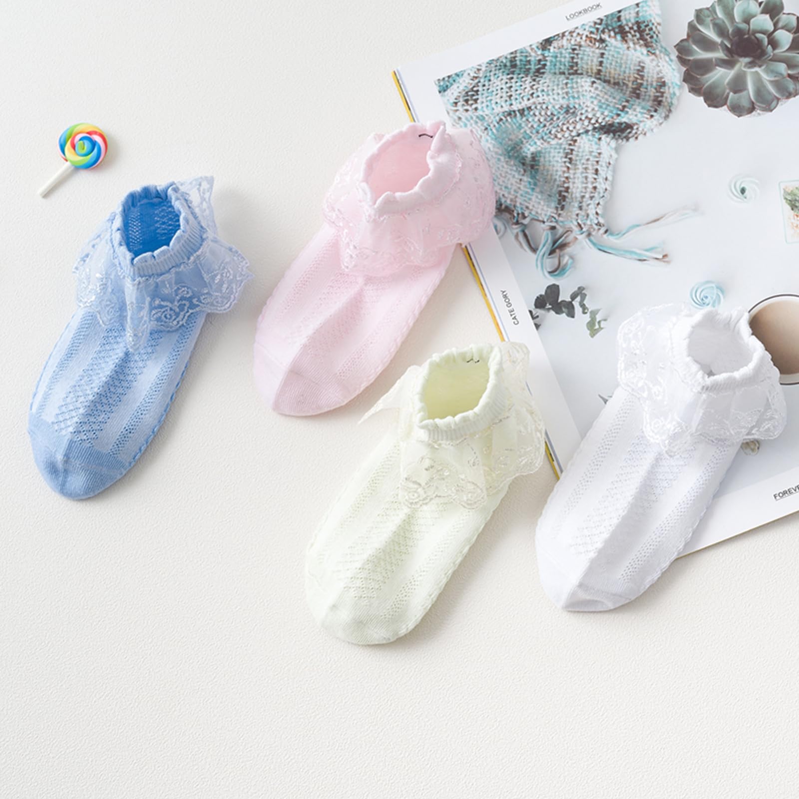 JUPSK Girls Frilly Ankle Socks - 6 Pairs of White & Pink Ballet Ruffle Lace Cotton Socks for Kids (1-10 Years) | School, Dance, Party & Everyday Wear