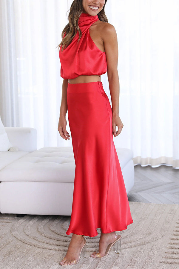 Such A Vibe Women's High Neck Satin Drape Maxi Skirt Set - Elegant Evening Dress for Parties, Weddings & Special Occasions