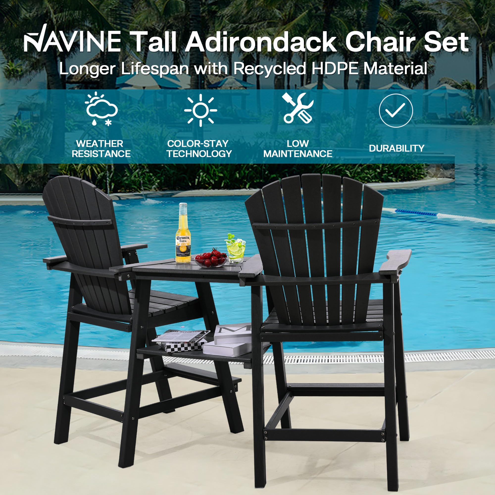Premium HDPE Tall Adirondack Chairs Set of 2 with Double Connecting Tray - Weather-Resistant Outdoor Bar Stools for Patio, Deck, Backyard, Balcony (Black) - Perfect for Relaxing, Entertaining, and Outdoor Dining