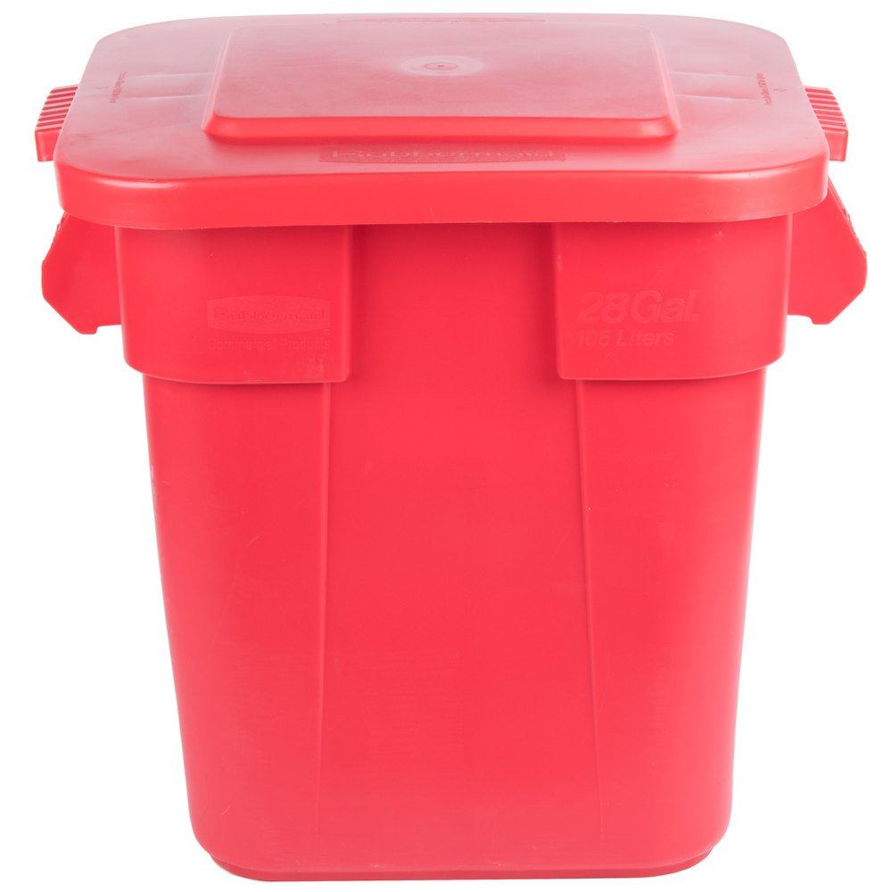 TableTop King BRUTE 28 Gallon Square Red Trash Can with Lid - Heavy Duty Commercial Garbage Bin for Office, Kitchen, Restaurant & Outdoor Use