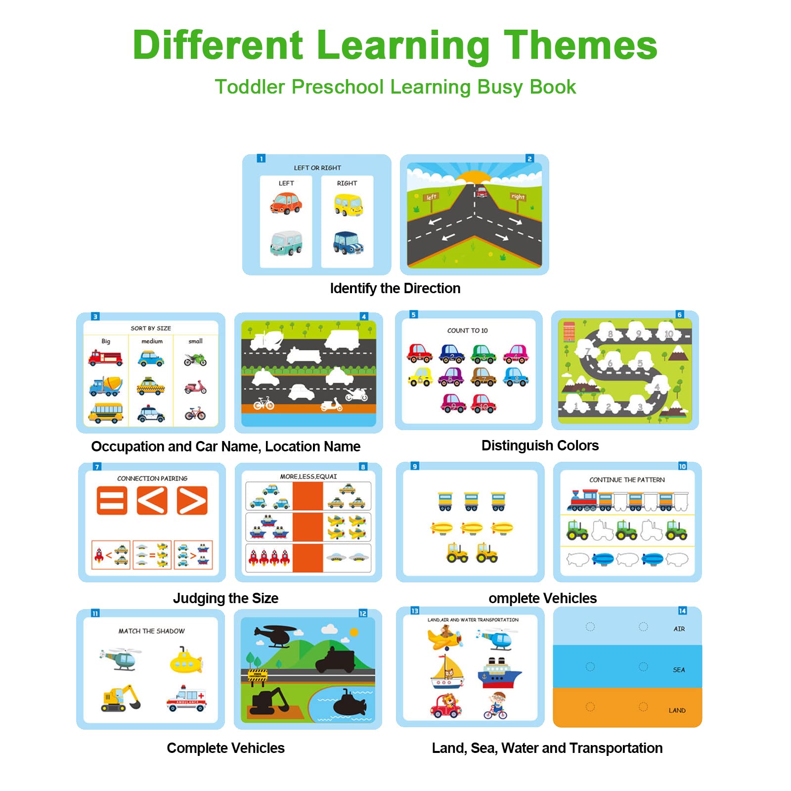 Montessori Preschool Learning Toys for Toddlers - Vehicle Busy Book, Sensory Educational Toys for Boys & Girls - Perfect for Autism Learning, Christmas & Birthday Gifts - Ideal for Home, Classroom & Travel Playtime