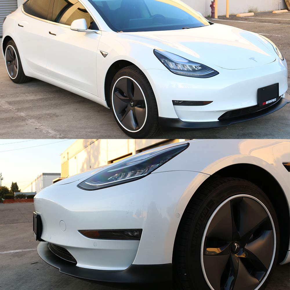 IKON MOTORSPORTS Front Bumper Lip for 2017-2023 Tesla Model 3 Sedan - Painted IKON Style PP Polypropylene Air Dam Chin Diffuser in Eclipse Black | Enhances Aerodynamics & Sporty Look for Street Racing & Car Shows