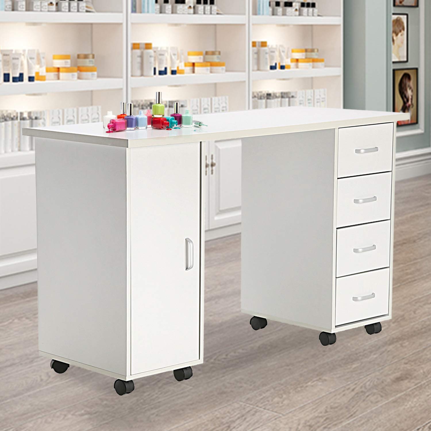 Professional Double-Sided Manicure Nail Spa Table with 4 Drawers & Cabinet - White Wooden Nail Art Technician Workstation for Salon & Home Beauty Business - Perfect for Nail Technicians, Spa Professionals & DIY Nail Enthusiasts