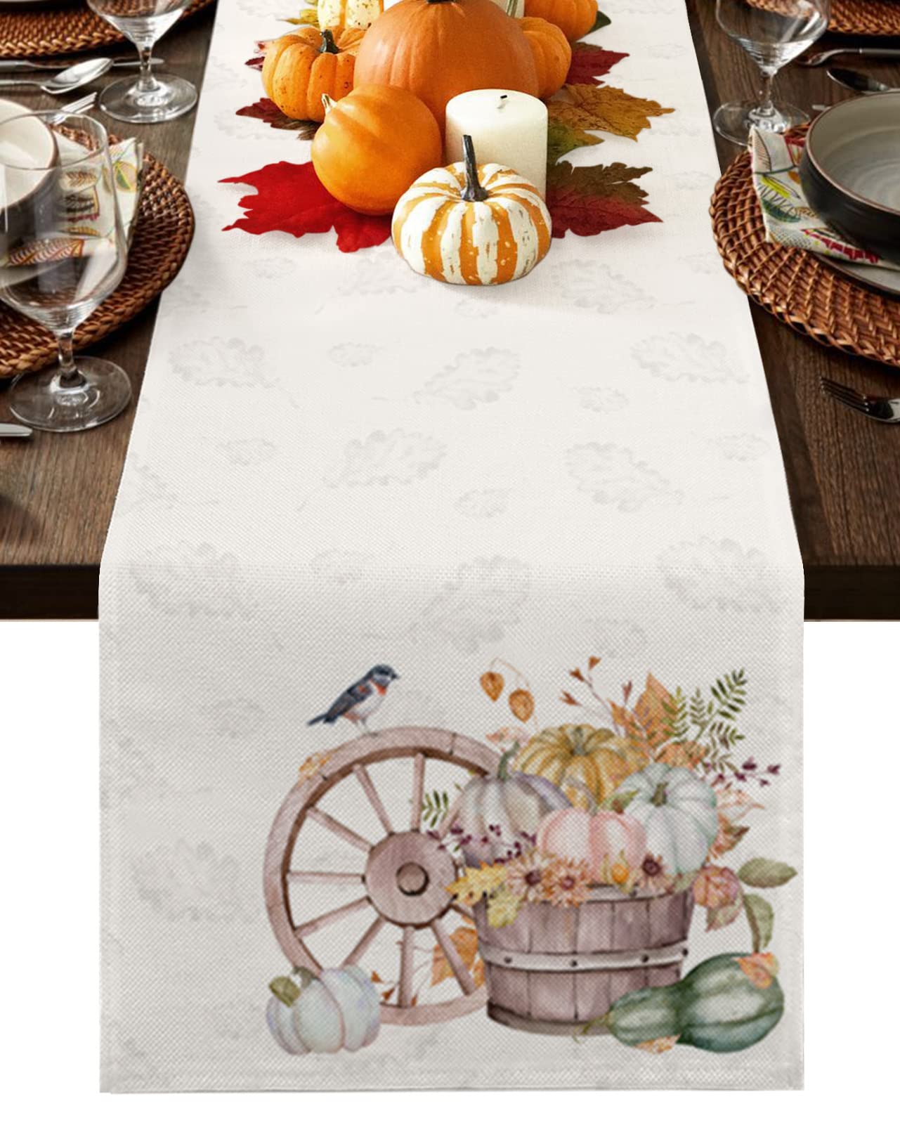 72 Inch Cotton Linen Table Runner - Farmhouse Autumn Decor with Pumpkin & Maple Leaf Design for Dining Table, Coffee Table, Wedding & Banquet | Fall Harvest Kitchen Decor