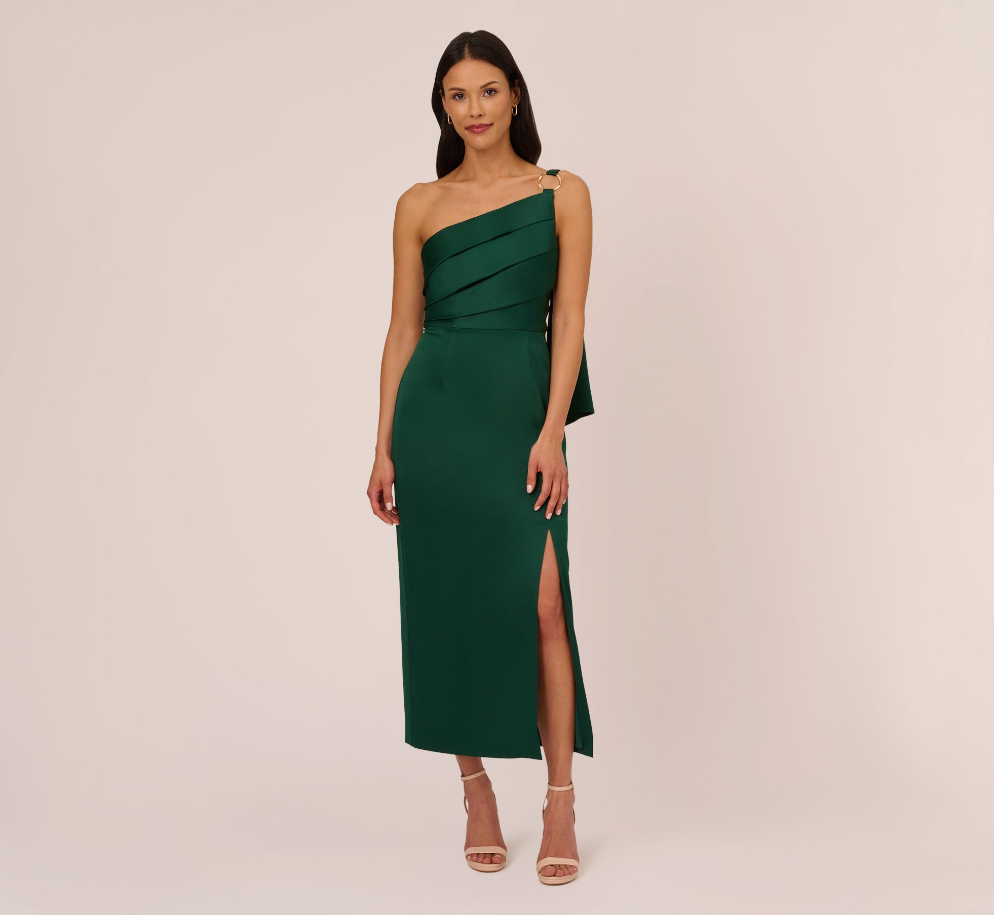Elegant Deep Forest Green Satin Crepe One Shoulder Gown with Metal Ring Accent - Perfect for Evening Galas, Prom Nights & Formal Events