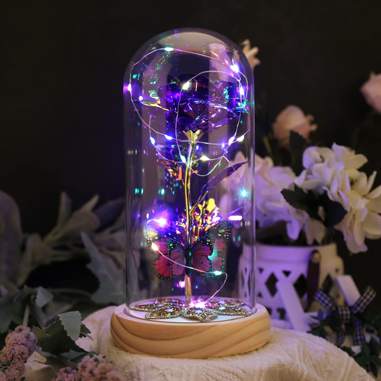 Eternal Rose in Glass Dome - Purple Galaxy Rose Gift for Women, Mom, Valentine's Day, Birthday, Christmas & Anniversary | Beauty and The Beast Inspired LED Light Up Rose | Perfect for Home Decor, Wedding Centerpiece & Romantic Gift