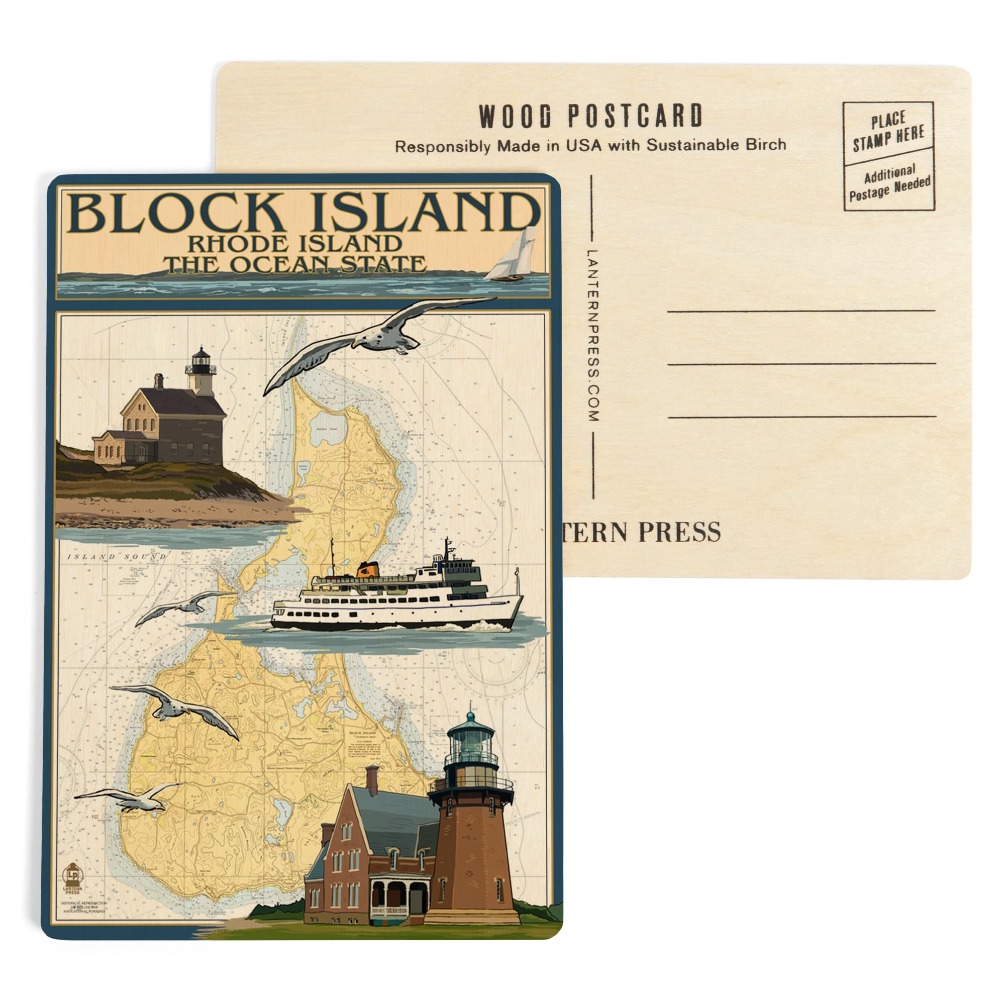 Block Island Rhode Island Nautical Chart with Ferry - 4x6 Birch Wood Postcards (2-Pack Stationery Set) - Rustic Coastal Home Wall Decor for Beach House, Office or Nautical Themed Rooms