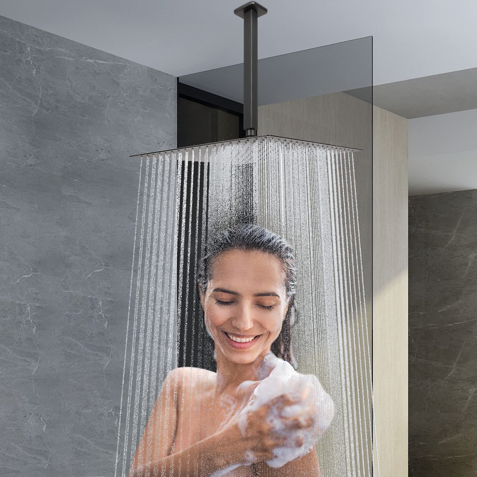 NearMoon 16 Inch Matte Black Rain Shower Head with Shower Arm - Stainless Steel Ceiling Mount Square Rainfall Showerhead for Full Body Waterfall Coverage | Perfect for Luxurious Spa-Like Bathroom Experience & Modern Home Upgrade