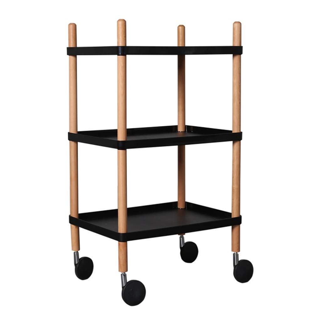 HTLLT 3-Tier Wooden Kitchen Storage Cart with Lockable Wheels - Black Rolling Serving Trolley for Pantry, Living Room & Office Organization - Multi-Functional Mobile Island Cart (Black, 18