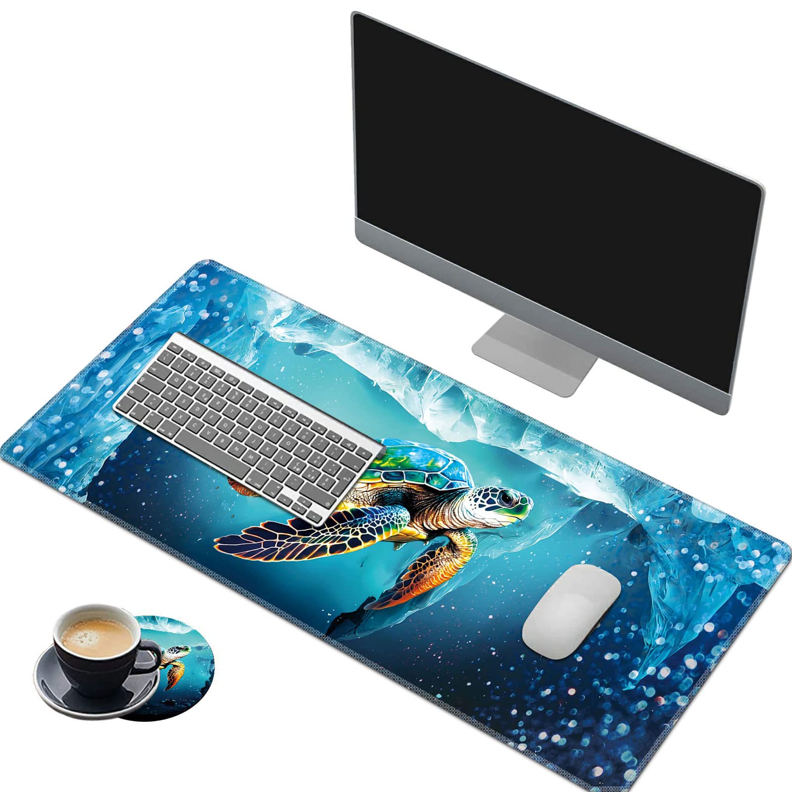 Premium XXL Gaming Mouse Pad (31.5x11.8 Inch) - Extended Non-Slip Desk Mat with Stitched Edges for Keyboard & Mouse | Waterproof Turtle Underwater Design | Perfect for PC Gaming, Office Work & Home Computer Setup