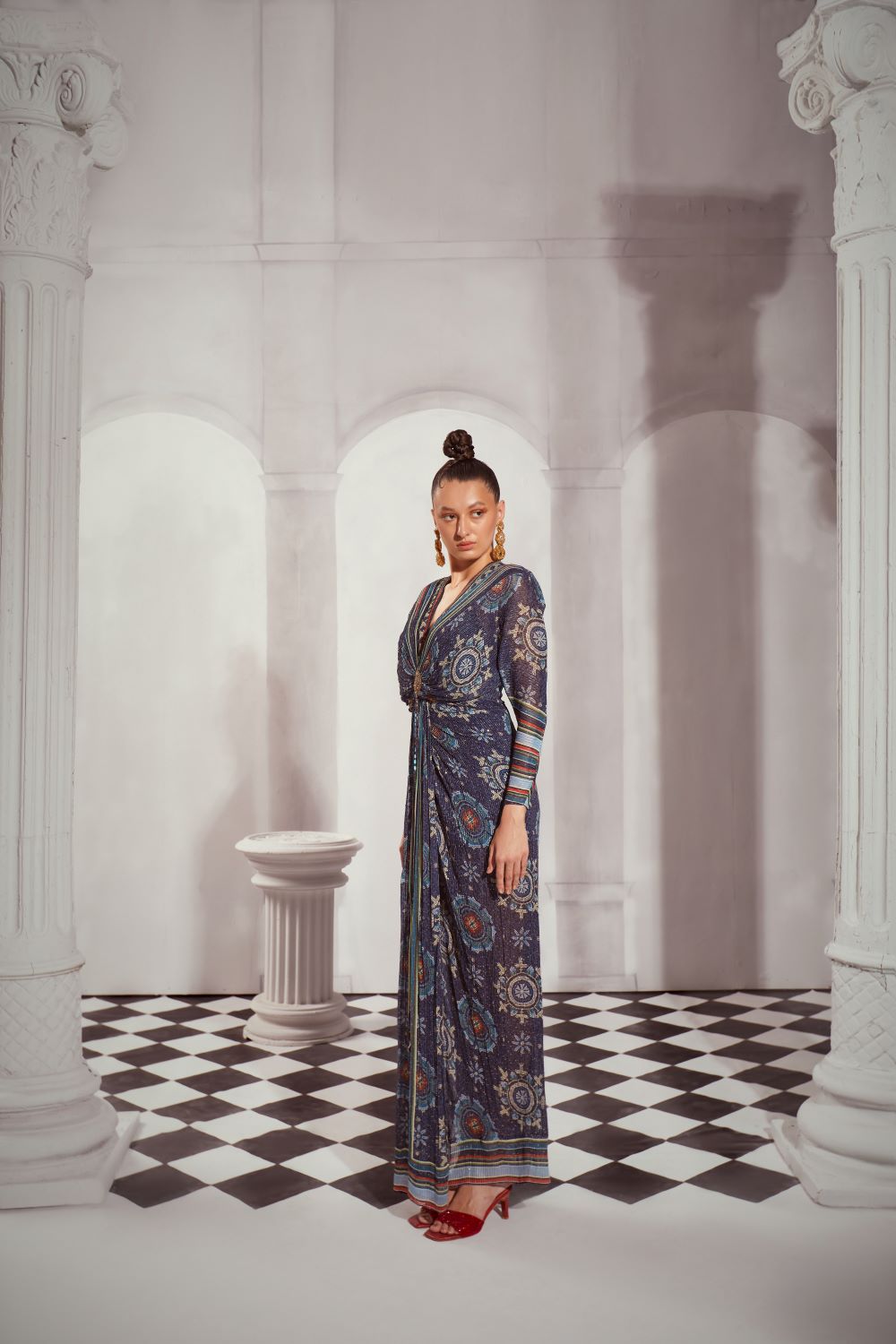 Elegant Blue Mosaic Print Draped Maxi Dress for Women - Boho Chic Summer Beach Dress for Vacations & Parties