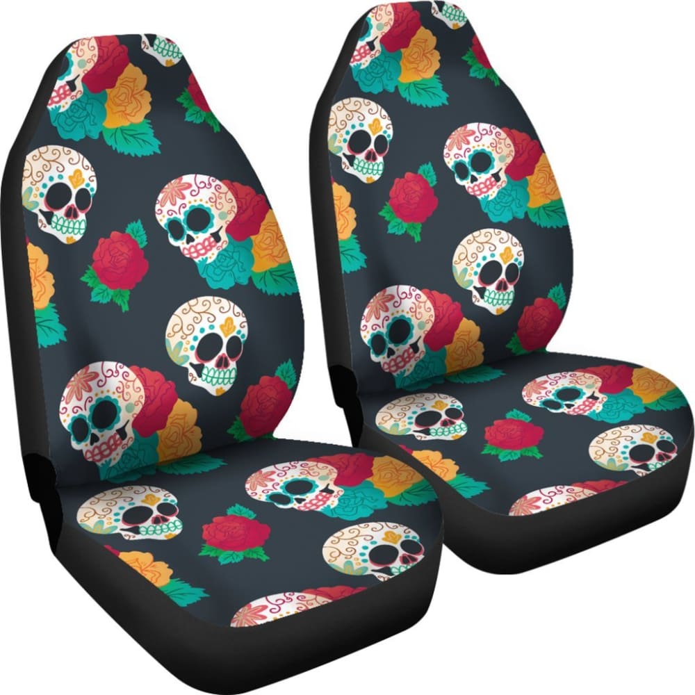 2 Pcs Floral Sugar Skull Day of The Dead Car Seat Covers - Mexican Style Decor for Halloween, Dia de Los Muertos Celebration & Car Interior Accessories
