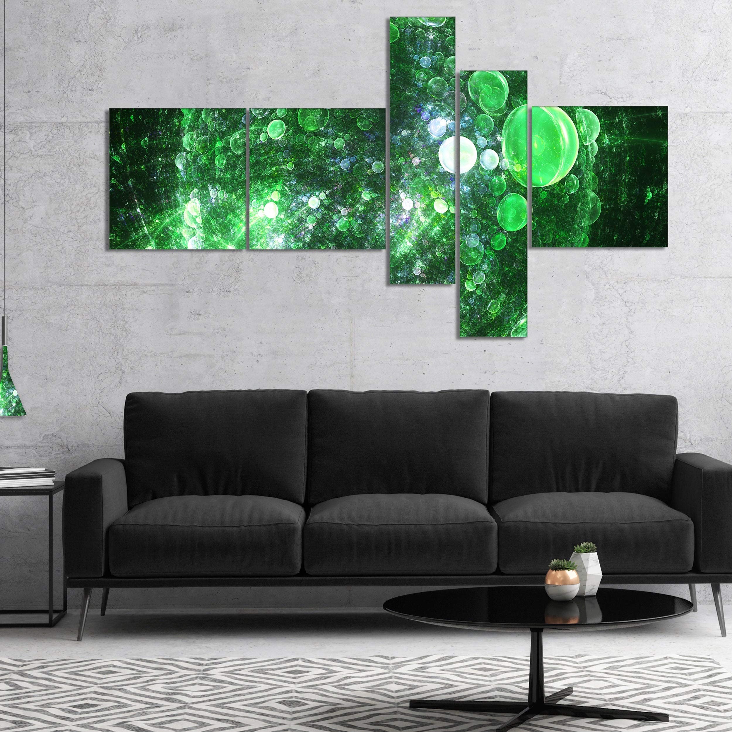 Abstract Wall Art Canvas - DESIGN ART 'Green Fractal Planet of Bubbles' 60x32 Inches 5-Panel Modern Home Decor for Living Room, Bedroom & Office