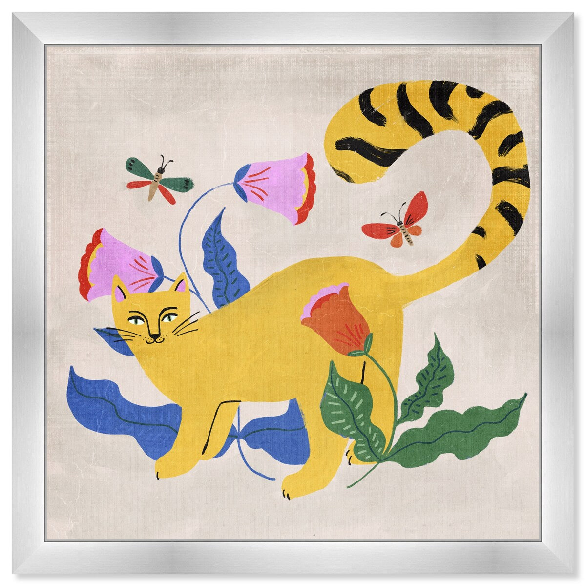 Blonde Tabby Floral Kitten Butterfly Garden Modern Yellow Framed Wall Art Print - Perfect for Bedroom, Nursery & Home Decor