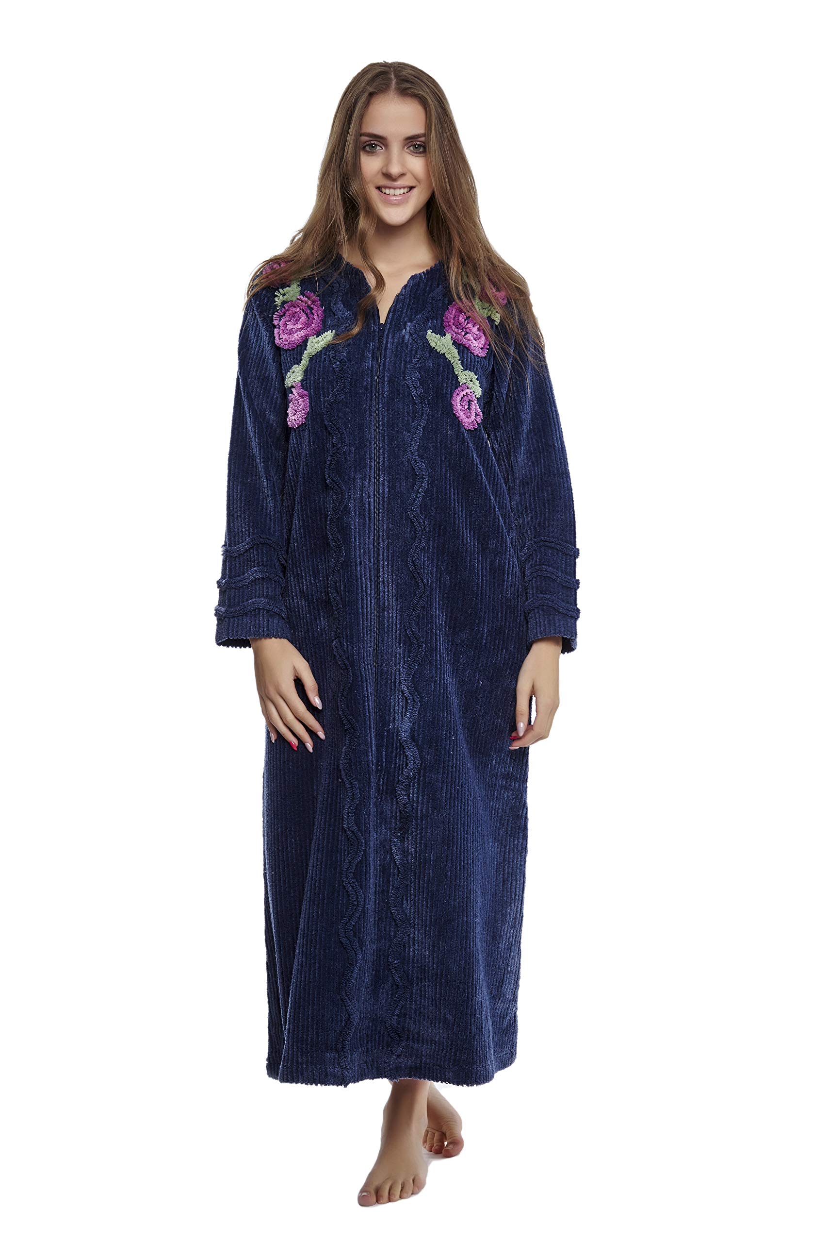 HOC Women's Floral Rose Embroidered Chenille Zipper Robe - Soft Kimono Bathrobe for Spa, Lounge & Home Comfort