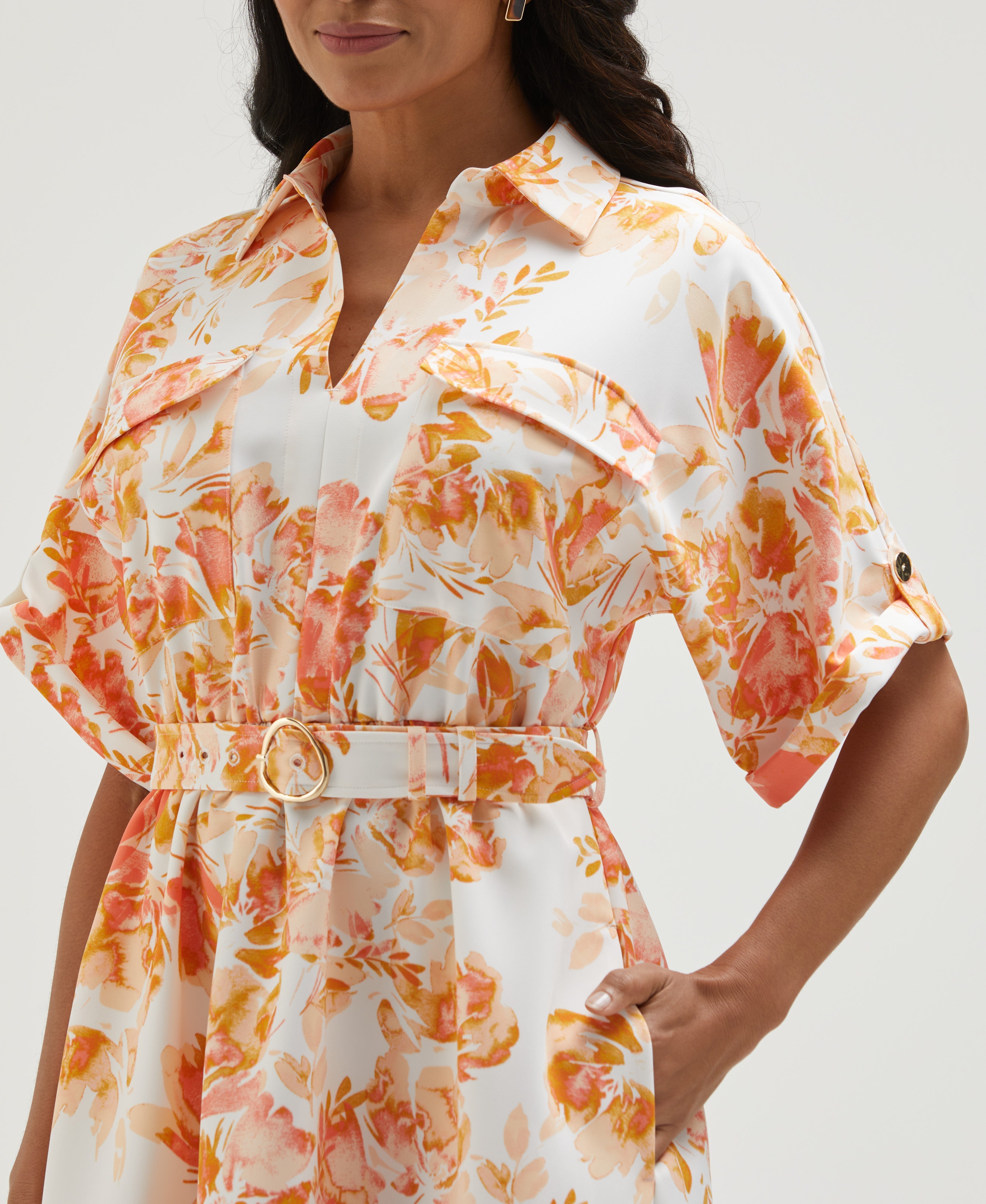 Stylish Petite Floral Print Utility Shirt Dress for Women - Casual & Versatile Outfit for Work, Date Night & Spring Outings