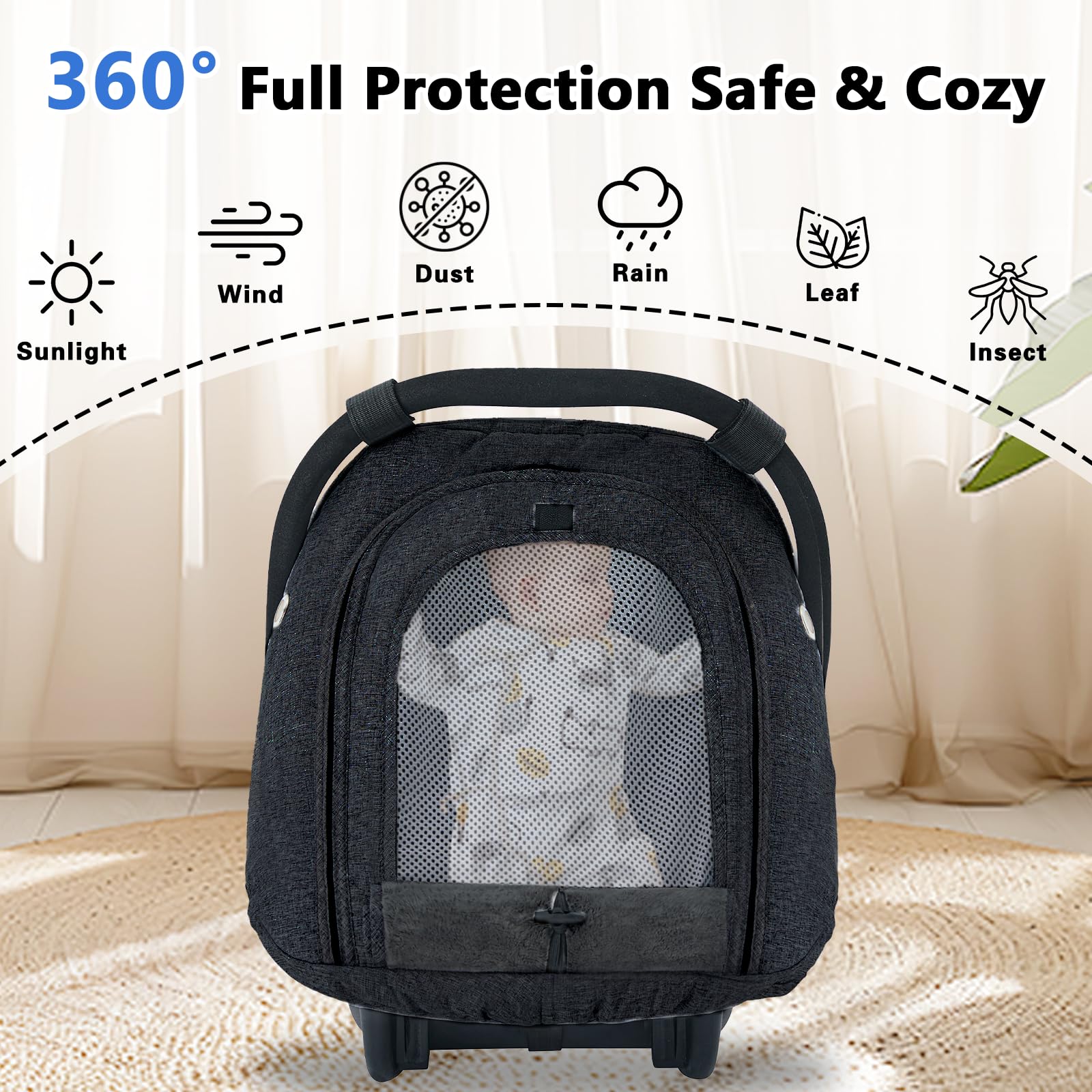 Fairy Baby Winter Car Seat Cover with Mesh Window - Warm & Cozy Waterproof Infant Car Seat Protector for Travel (Black) - Perfect for Cold Weather, Road Trips, and Everyday Baby Safety