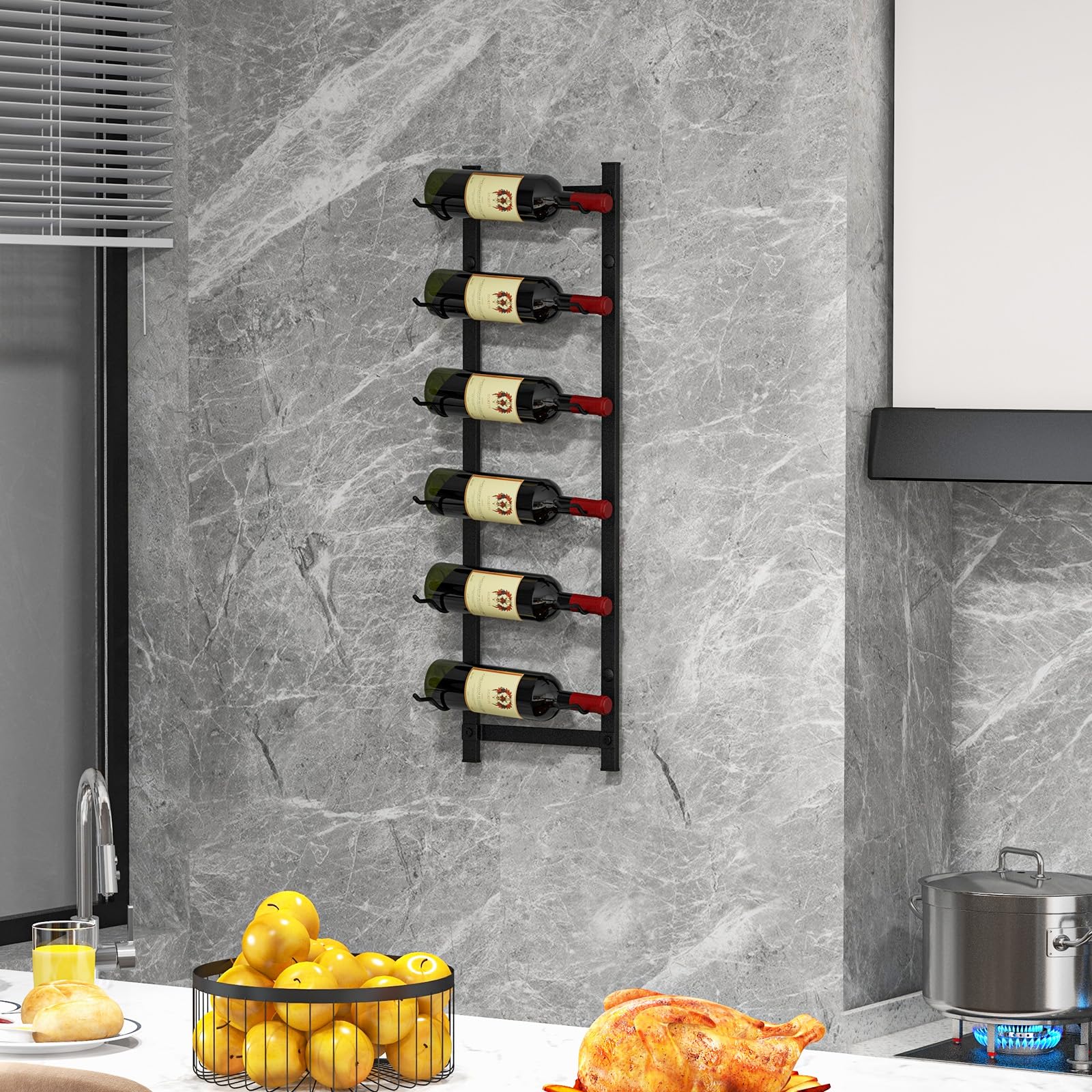 GOFLAME Wall Mounted Wine Rack for 6 Bottles - Rustproof Metal Hanging Wine Holder - Space Saving Wine Storage Organizer for Kitchen, Dining Room, Bar & Cellar - Perfect for Home Decor & Entertaining Guests (Black)
