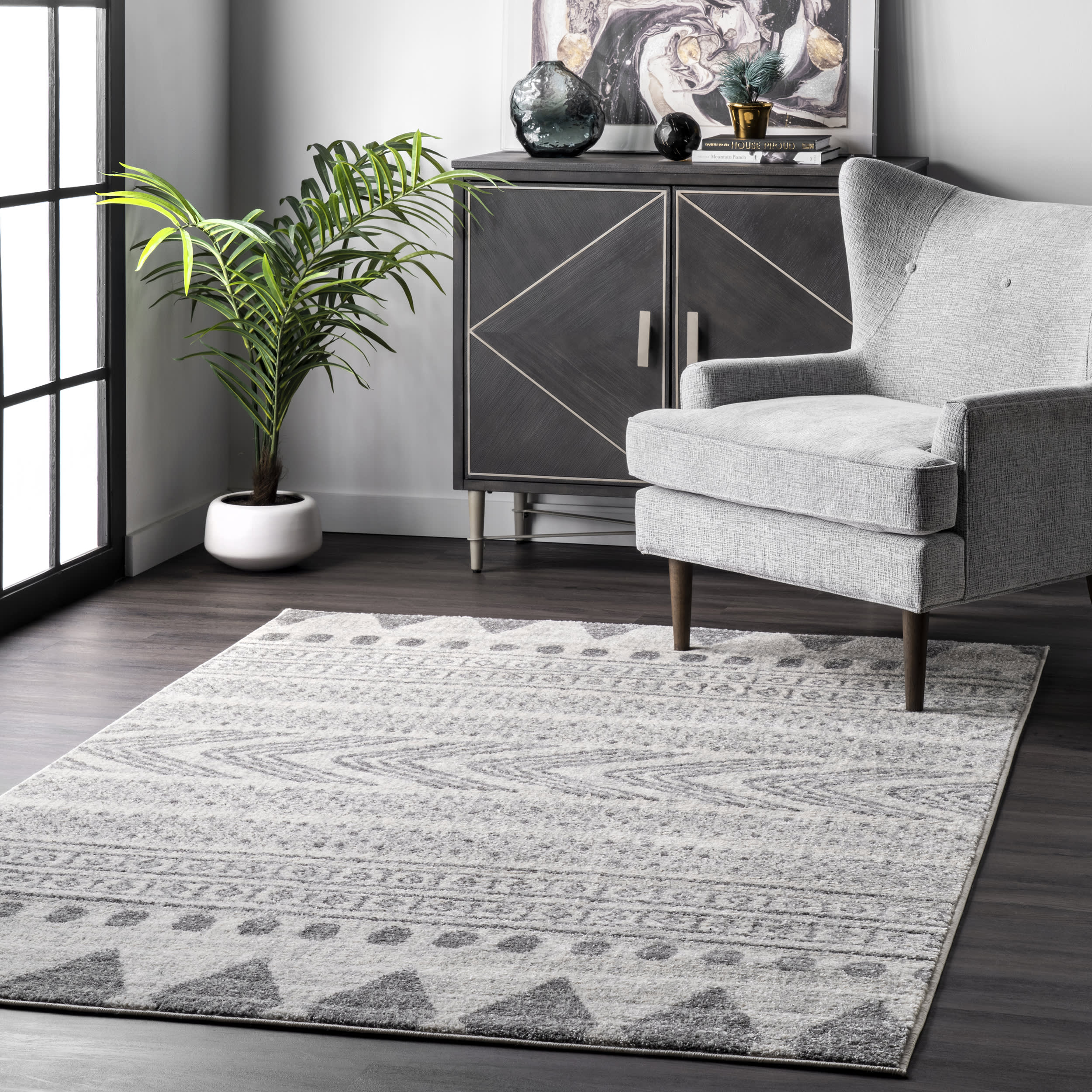 Modern Geometric Banded Area Rug - Soft Grey Abstract Design for Living Room, Bedroom & Office - Non-Slip Comfortable Floor Mat for Home Decor