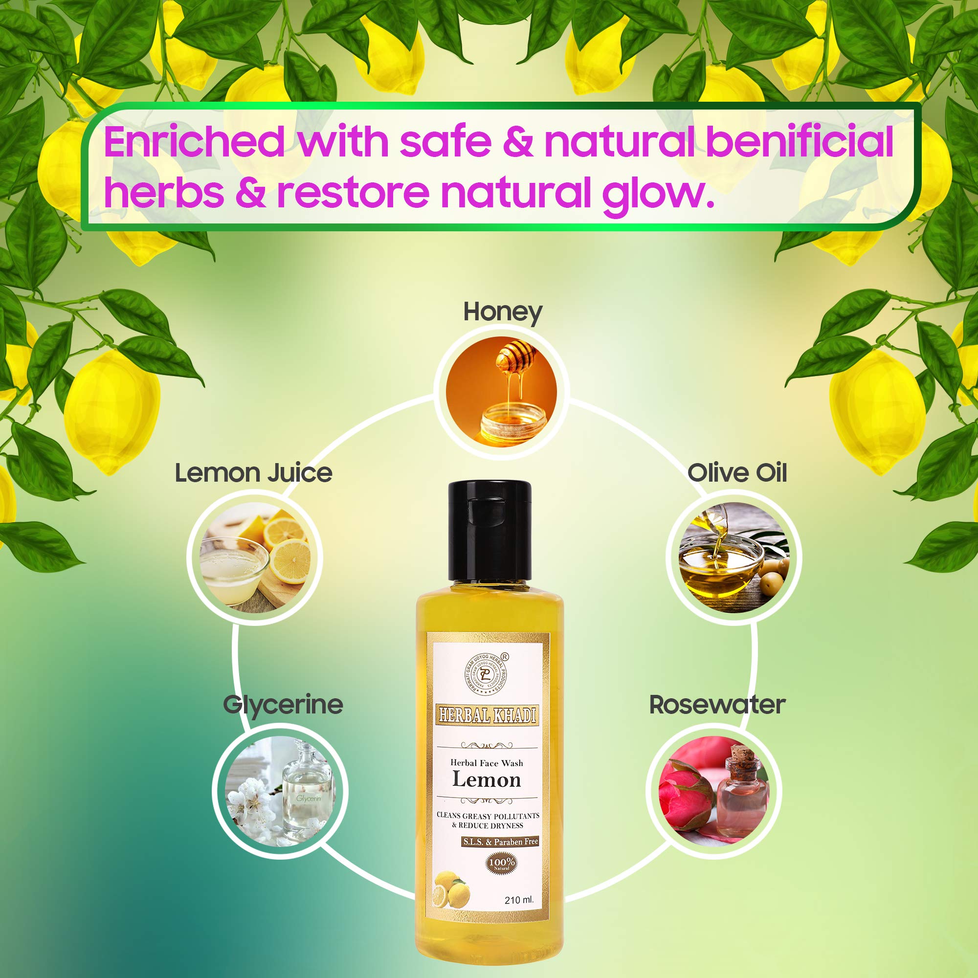 Khadi Lemon & Honey Natural Face Wash - Sulfate & Paraben Free for Oily Skin, Anti-Acne & Pollution Cleanser (Pack of 2, 210ml) - Men & Women - Perfect for Daily Skincare Routine & Pimple Control
