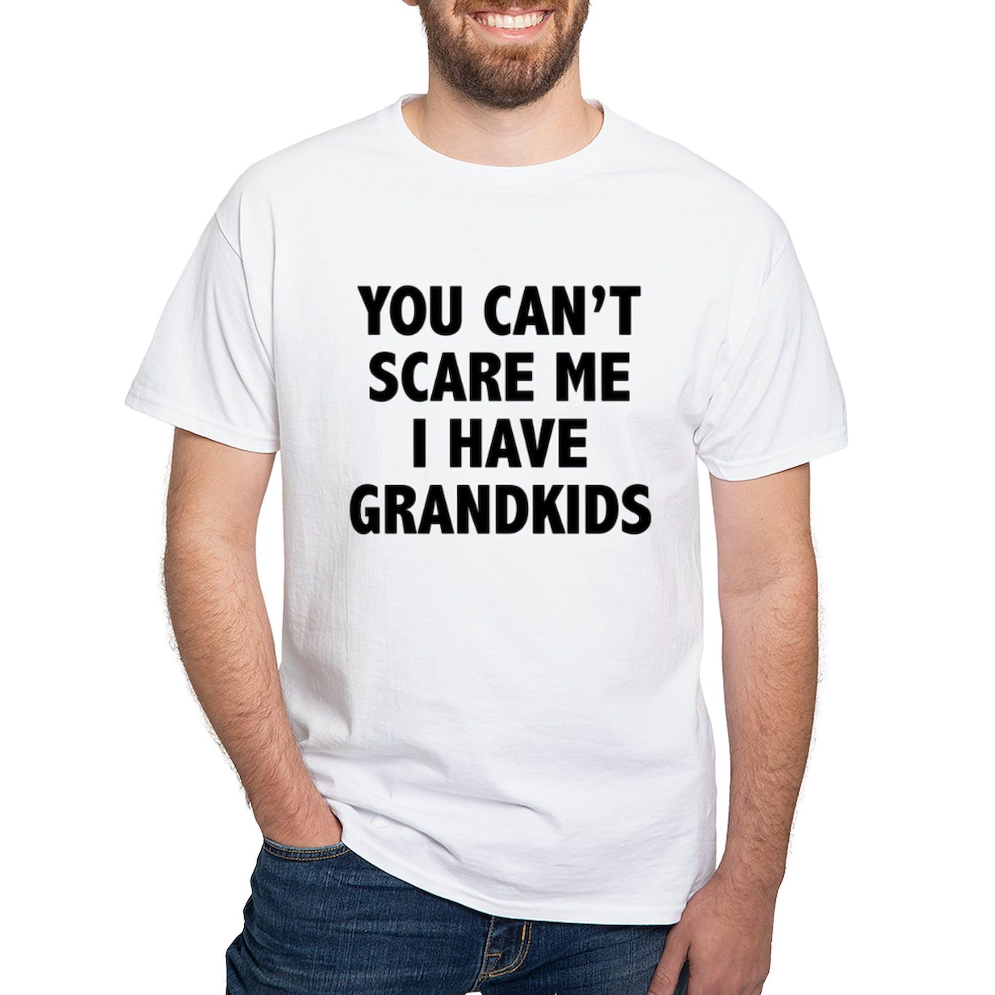 Men's 100% Cotton 'You Can't Scare Me I Have Grandkids' Graphic White T-Shirt - Funny Grandpa Gift for Birthday & Family Reunions