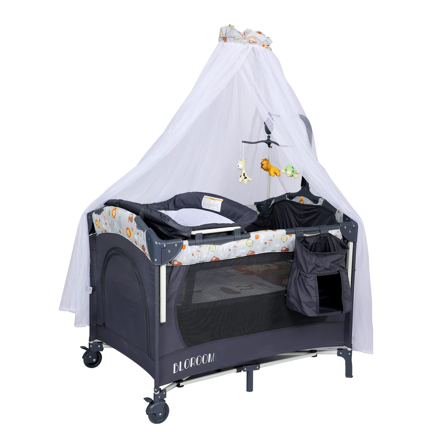 6-in-1 Convertible Baby Bedside Sleeper & Bassinet with Soothing Music Box, Detachable Toys, Breathable Mattress & Mosquito Net - Foldable Portable Playard for Newborns, Infants, Boys & Girls - Perfect for Nursery, Bedroom & Travel Use