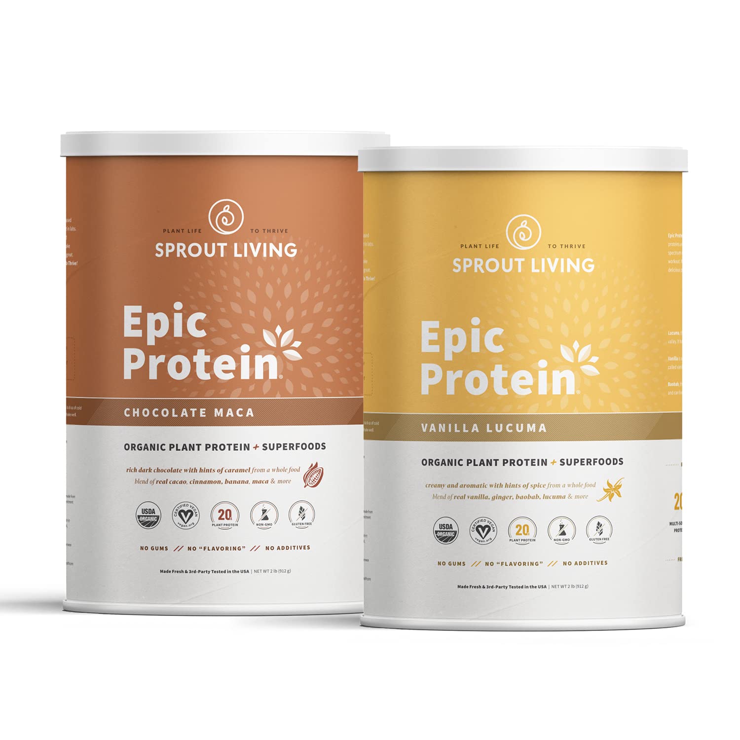 Sprout Living Epic Protein Bundle - Chocolate Maca & Vanilla Lucuma (20g Organic Plant-Based Vegan Protein Powder, Gluten Free, Superfoods) | 2lb, 24 Servings for Smoothies, Baking & Post-Workout Recovery