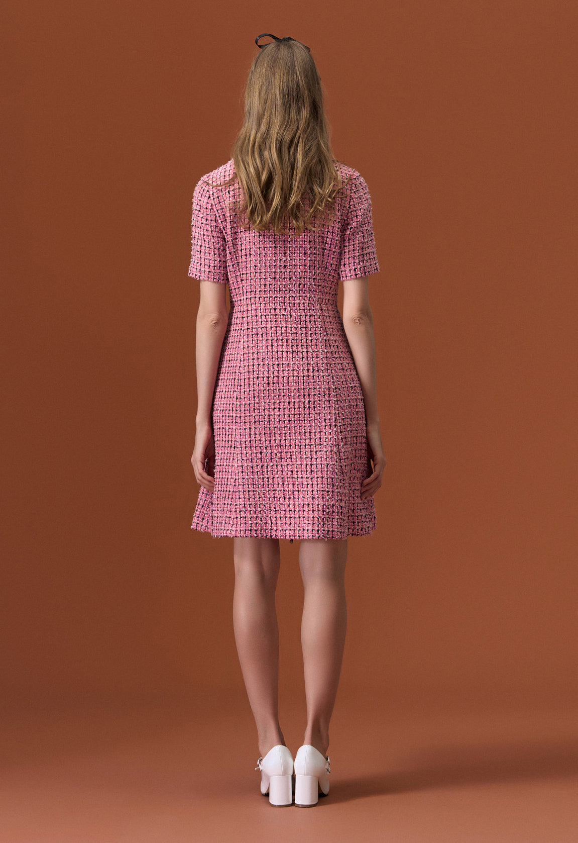Elegant Pink Tweed Lapel Dress for Women - Vintage Inspired Office Wear & Cocktail Party Outfit