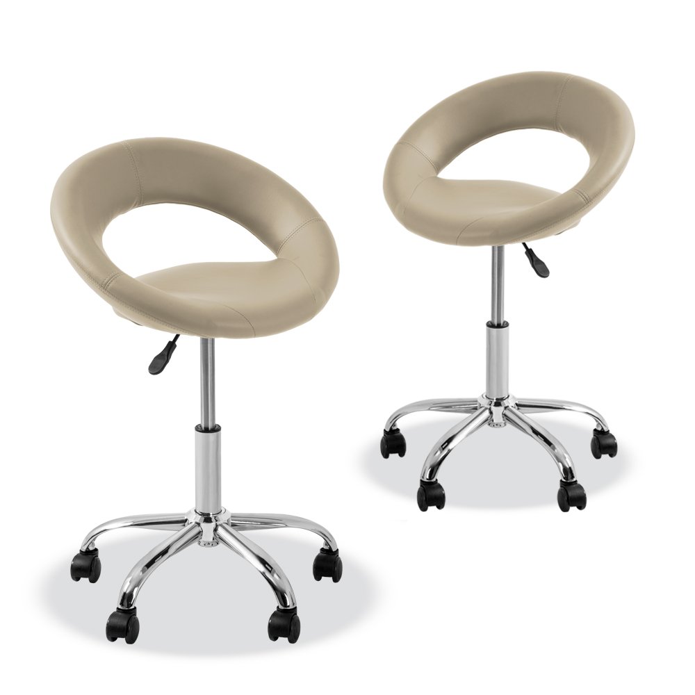 YK-9321 Adjustable Height Rolling Stool with Footrest - Set of 2 Cream Office Chairs for Home & Office - Perfect for Workstations, Gaming Desks, and Study Areas