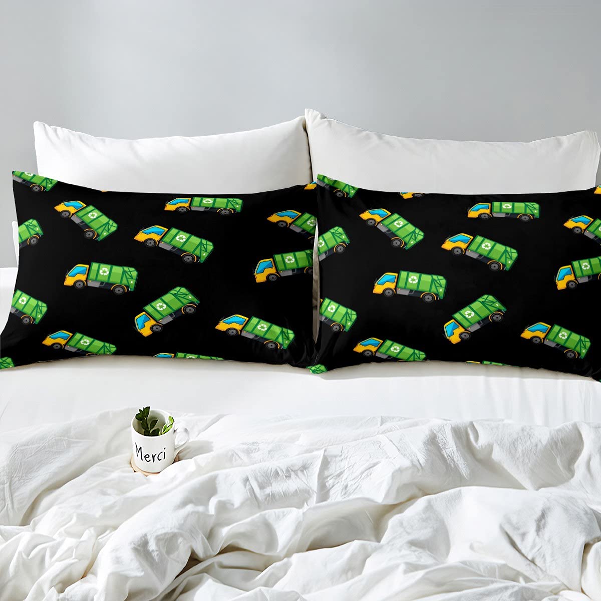 Queen Size Garbage Truck Bedding Set - Eco-Friendly Waste Management & Recycling Themed Sheets for Adults, Cartoon Vehicle Design with Flat Sheet, Fitted Sheet & 2 Pillowcases - Perfect for Truck Enthusiast Bedrooms & Themed Decor