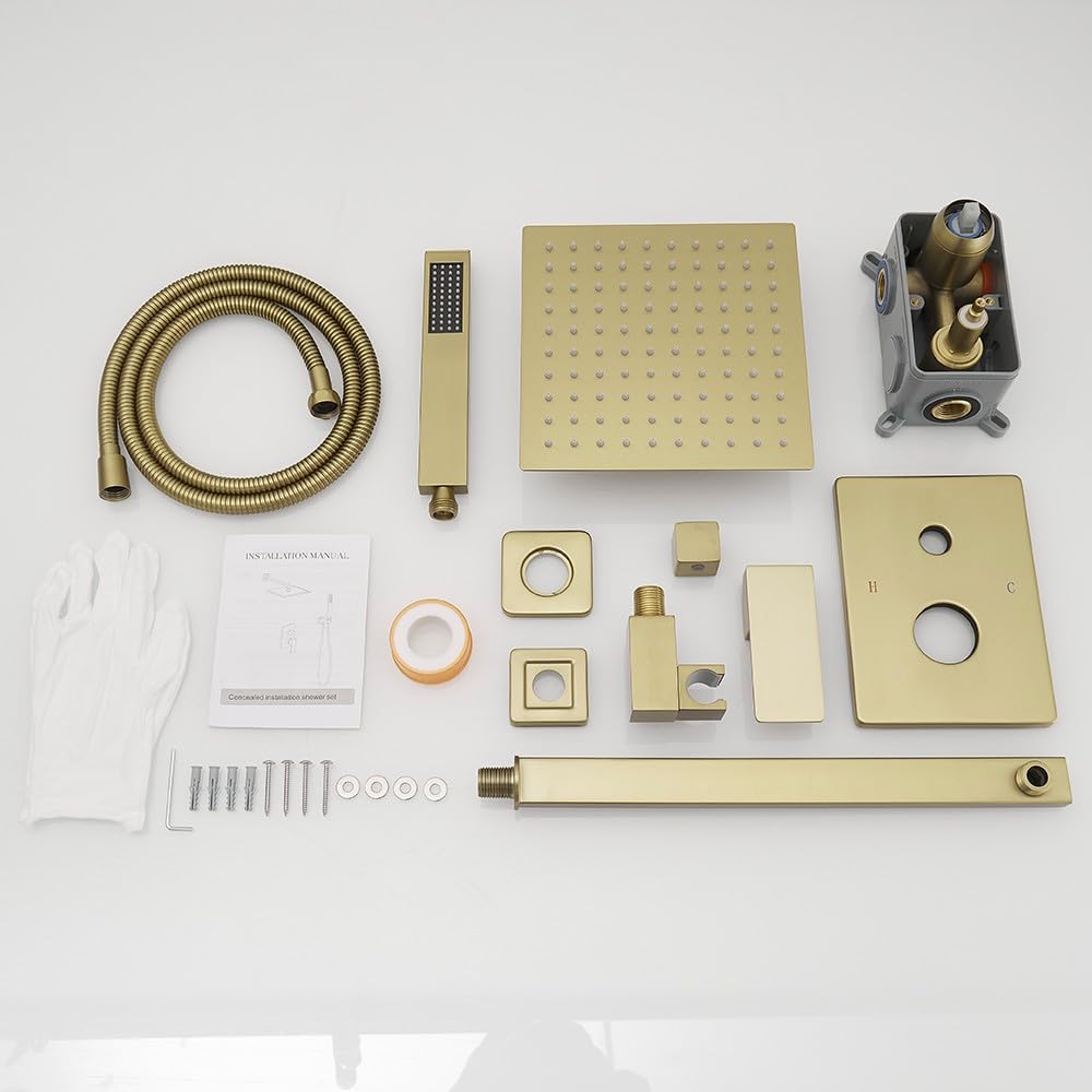 Luxury Brushed Gold Shower System - Wall Mounted Rainfall Shower Head Combo Set with Mixer Valve & Trim Kit | Perfect for Modern Bathroom & Spa Experience