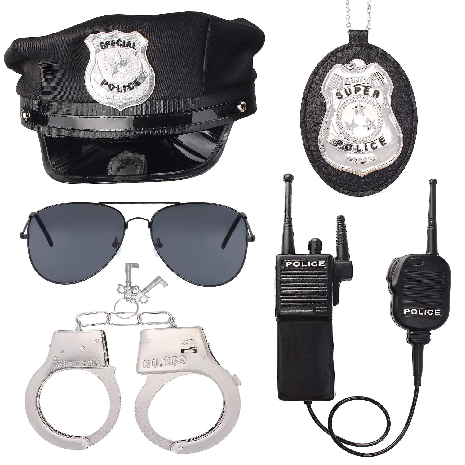 Beelittle Police Costume Set - Realistic Hat, Handcuffs, Walkie Talkie, Badge & Sunglasses for Kids Dress Up, Role Play & Halloween Costume Accessories
