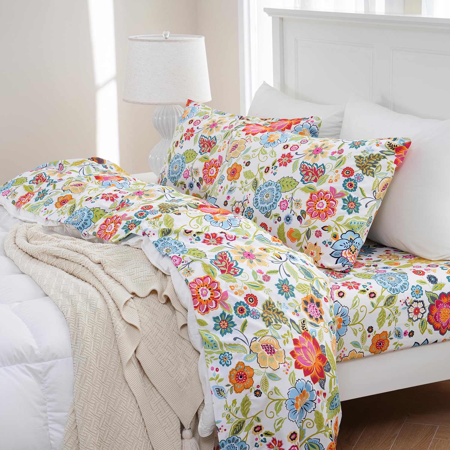 MEISHANG Queen Sheet Set - Floral Printed Ultra Soft Brushed Microfiber Bedding - Deep Pocket Fits Mattresses Up to 16