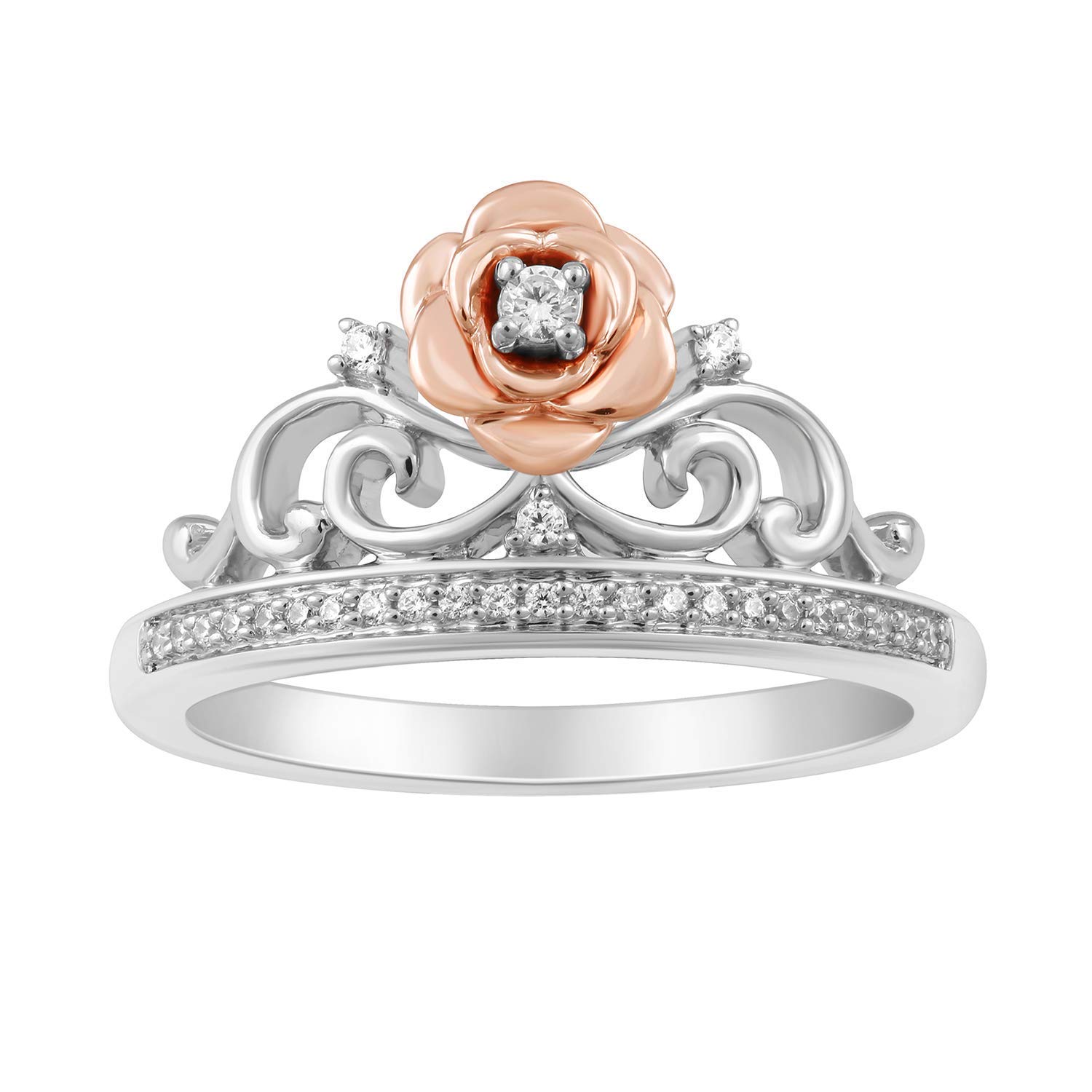 Enchanted Disney Belle Rose Tiara Ring - Sterling Silver & 10K Rose Gold with 1/10 Cttw Diamond | Elegant Princess Jewelry for Weddings, Prom & Special Occasions