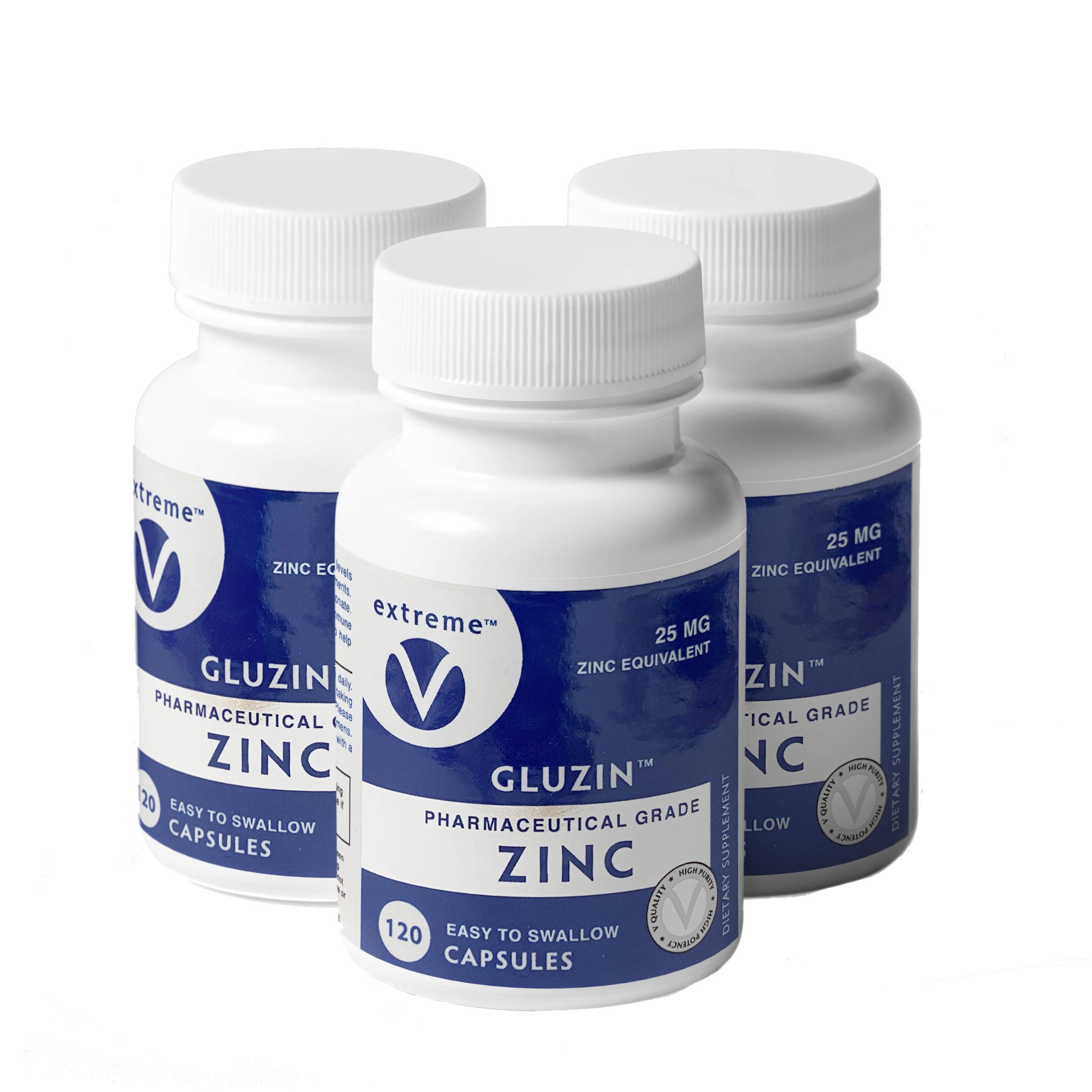 Gluzin OTC Zinc 25mg - Pharmaceutical Grade Zinc Supplement Made in USA (3 Bottles, 360 Vegetarian Capsules) for Immune Support, Cold Relief & Overall Wellness
