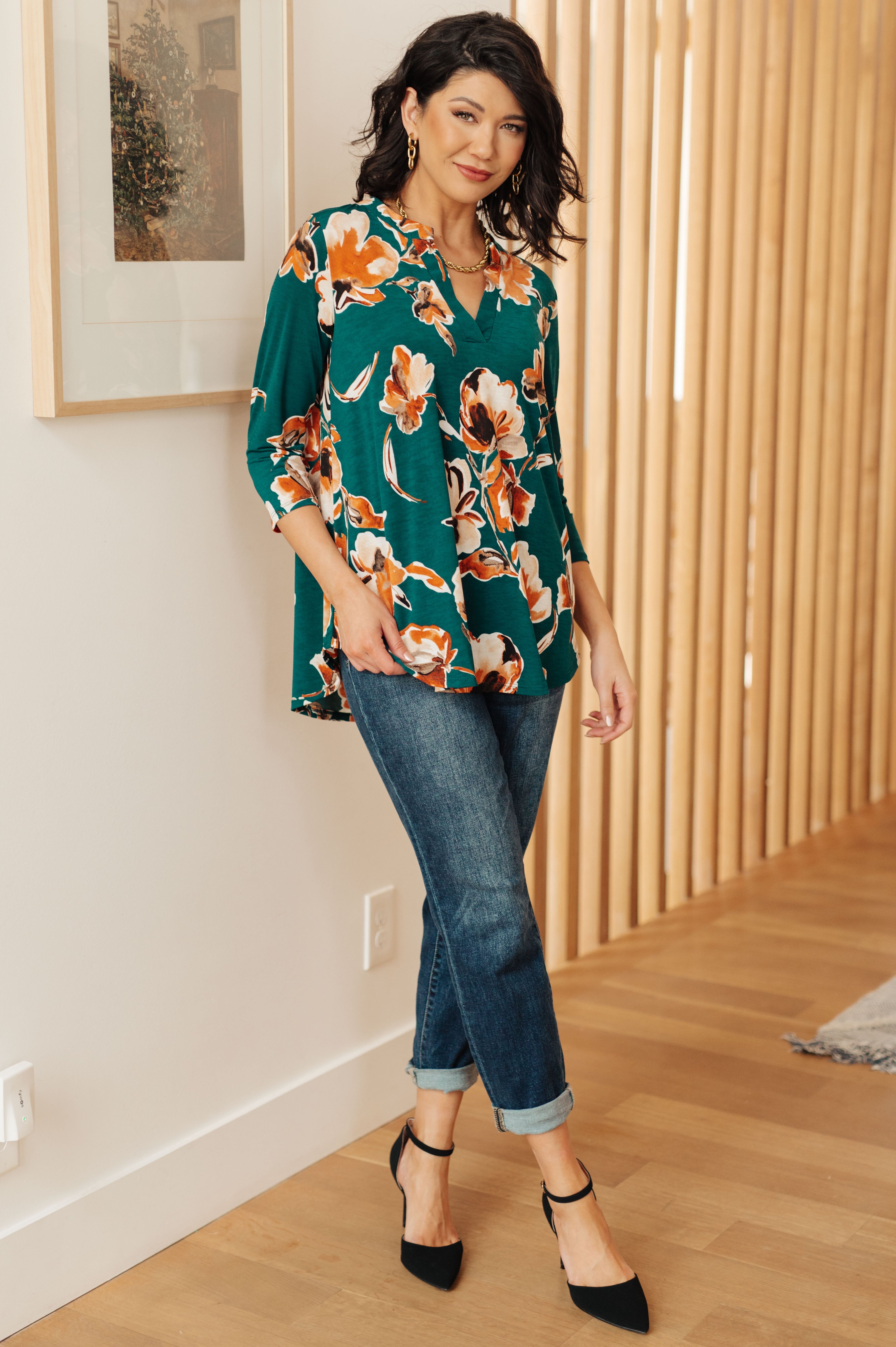Stylish Teal Floral Print Women's Top - Trendy I Think Different Blouse for Casual Wear & Summer Outfits