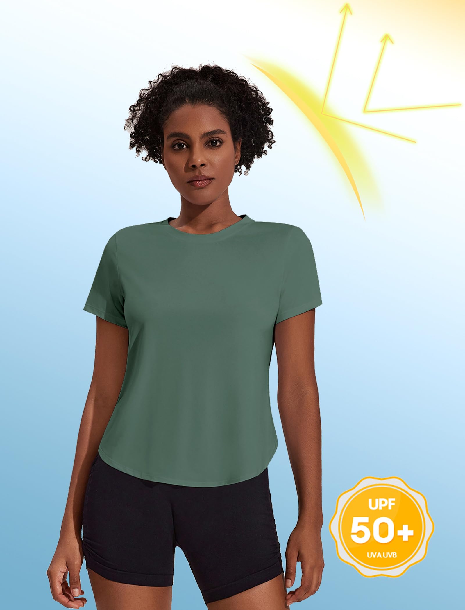 PINSPARK Women's Breathable UPF 50+ Workout Tops - Short Sleeve Athletic Gym Shirt for Yoga, Running & Outdoor Activities | Army Green