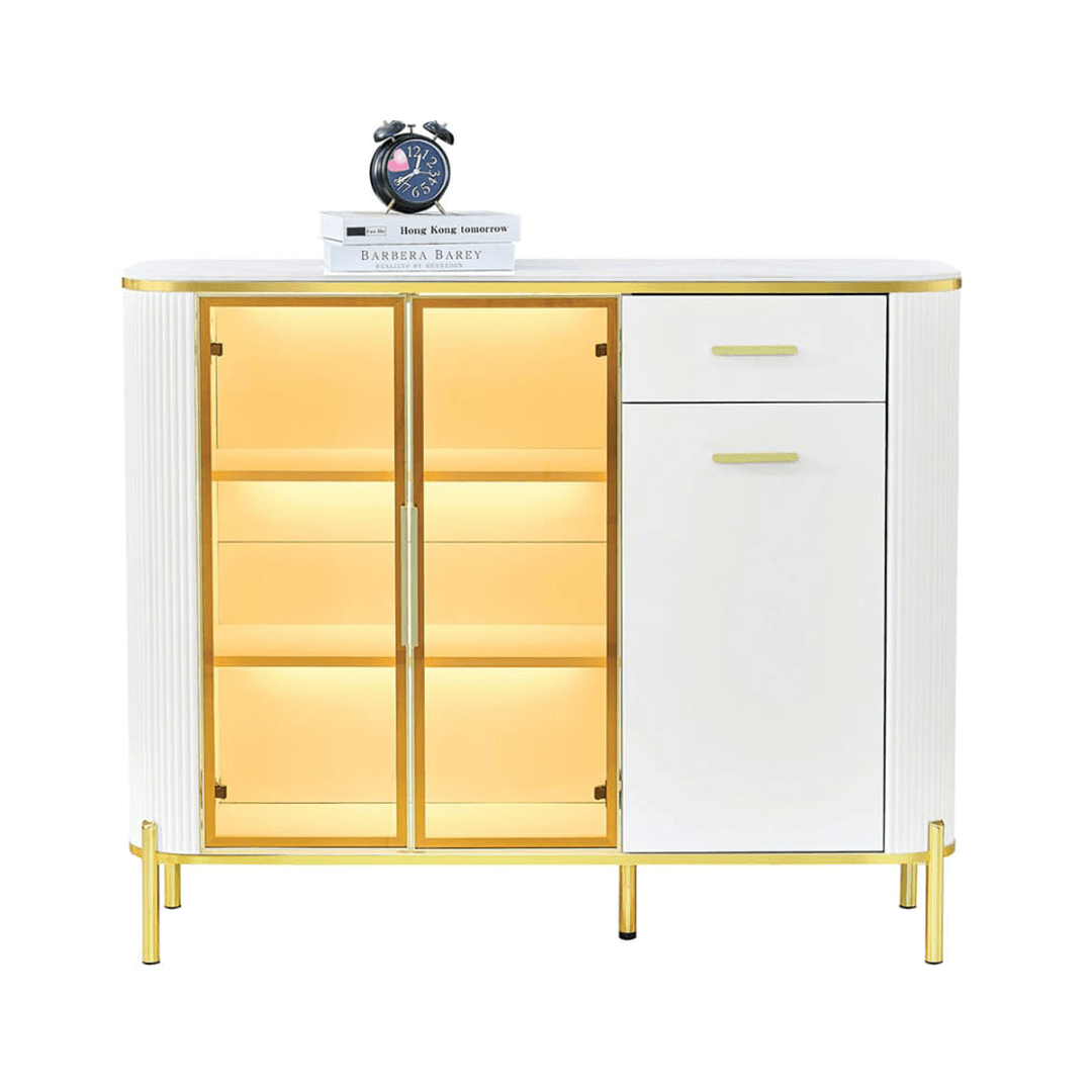 Maurille White Buffet Hutch Cabinet - 120cm Wide Kitchen Storage with Glass Doors & Shelves - Perfect for Dining Room, Kitchen or Living Room Organization